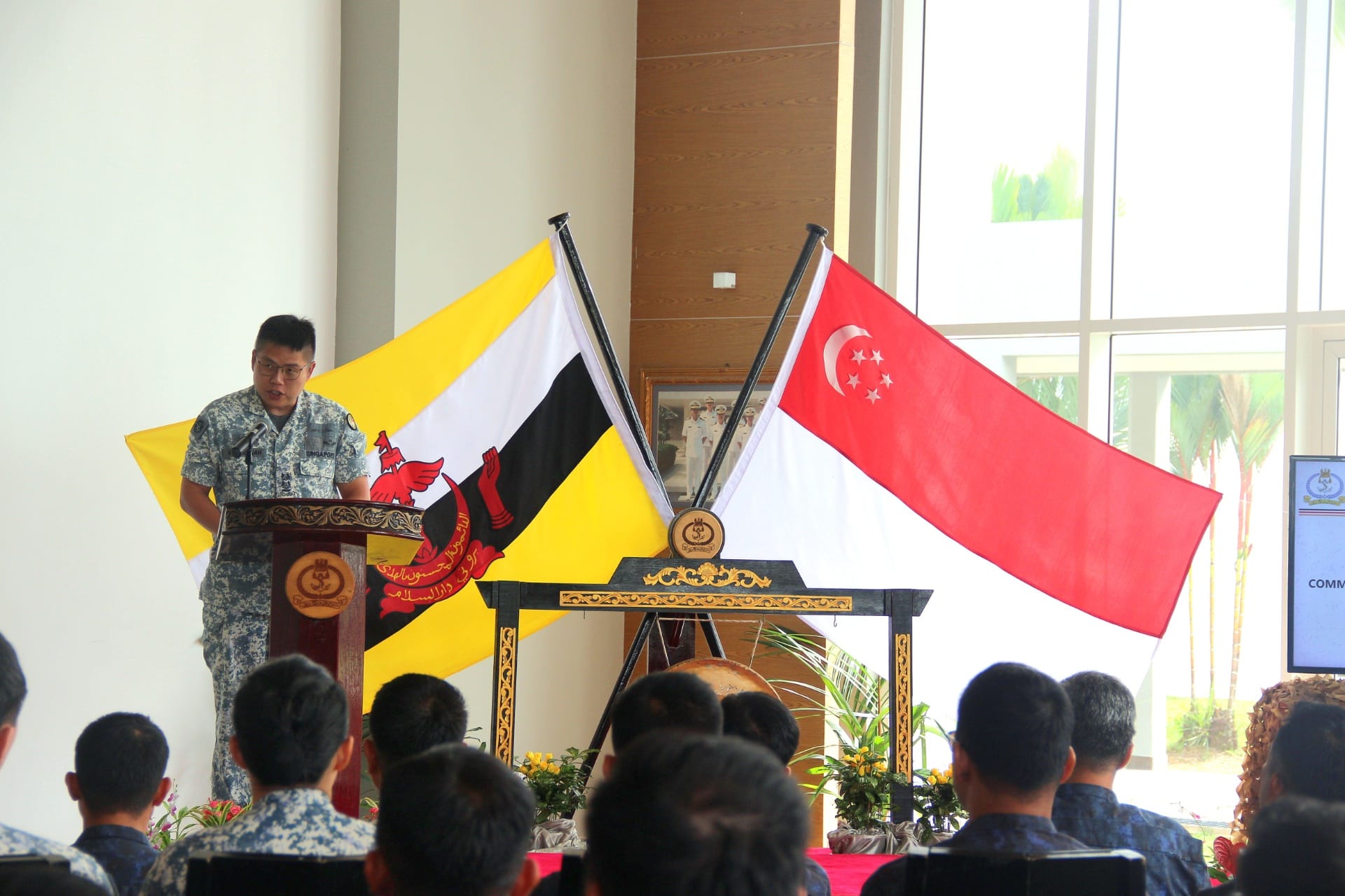Commander Maritime Security and Response Flotilla Senior Lieutenant Colonel Neville Nah speaking at the closing ceremony