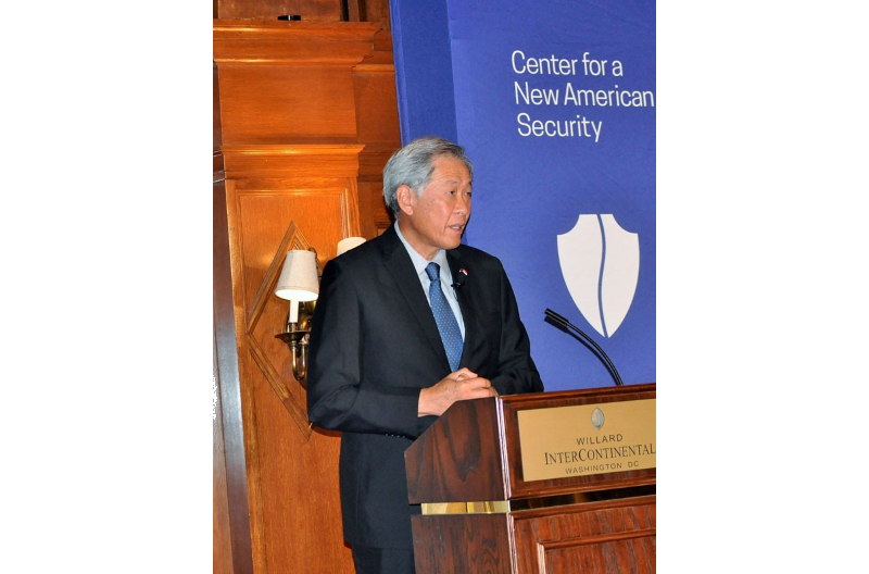 Minister for Defence Dr Ng Eng Hen giving a speech at an event organised by the Center for a New American Security at The Willard InterContinental Hotel.