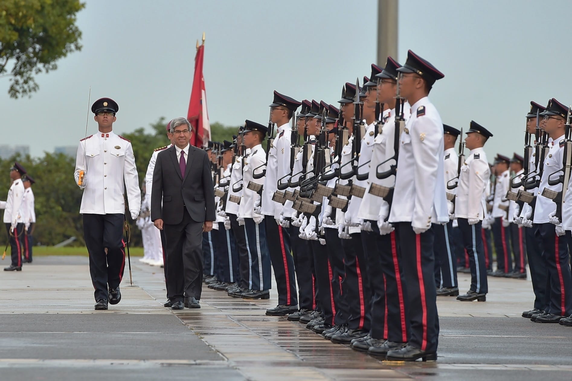 Minister for Communications and Information Dr Yaacob Ibrahim inspecting the Officer Cadet contingents at the 108/17 Officer Cadet Course Commissioning Parade held at SAFTI Military Institute.