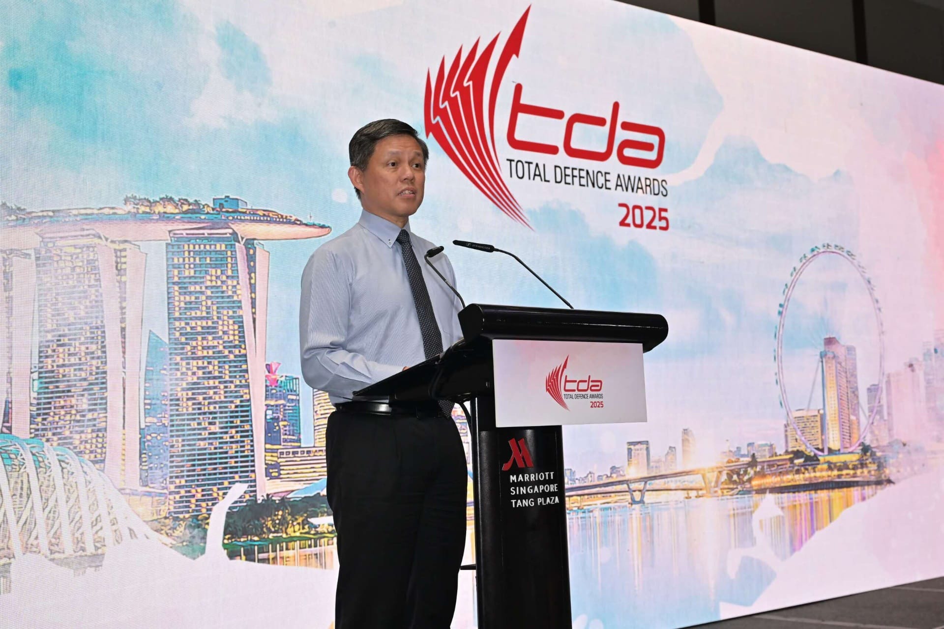 Minister for Defence Mr Chan Chun Sing delivering a speech at the Total Defence Awards (TDA) Dinner 2025.