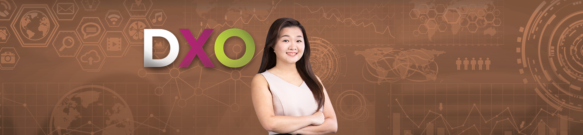 Tricia in light pink top with arms crossed beside "DXO" text, set against a background of digital and data graphics.