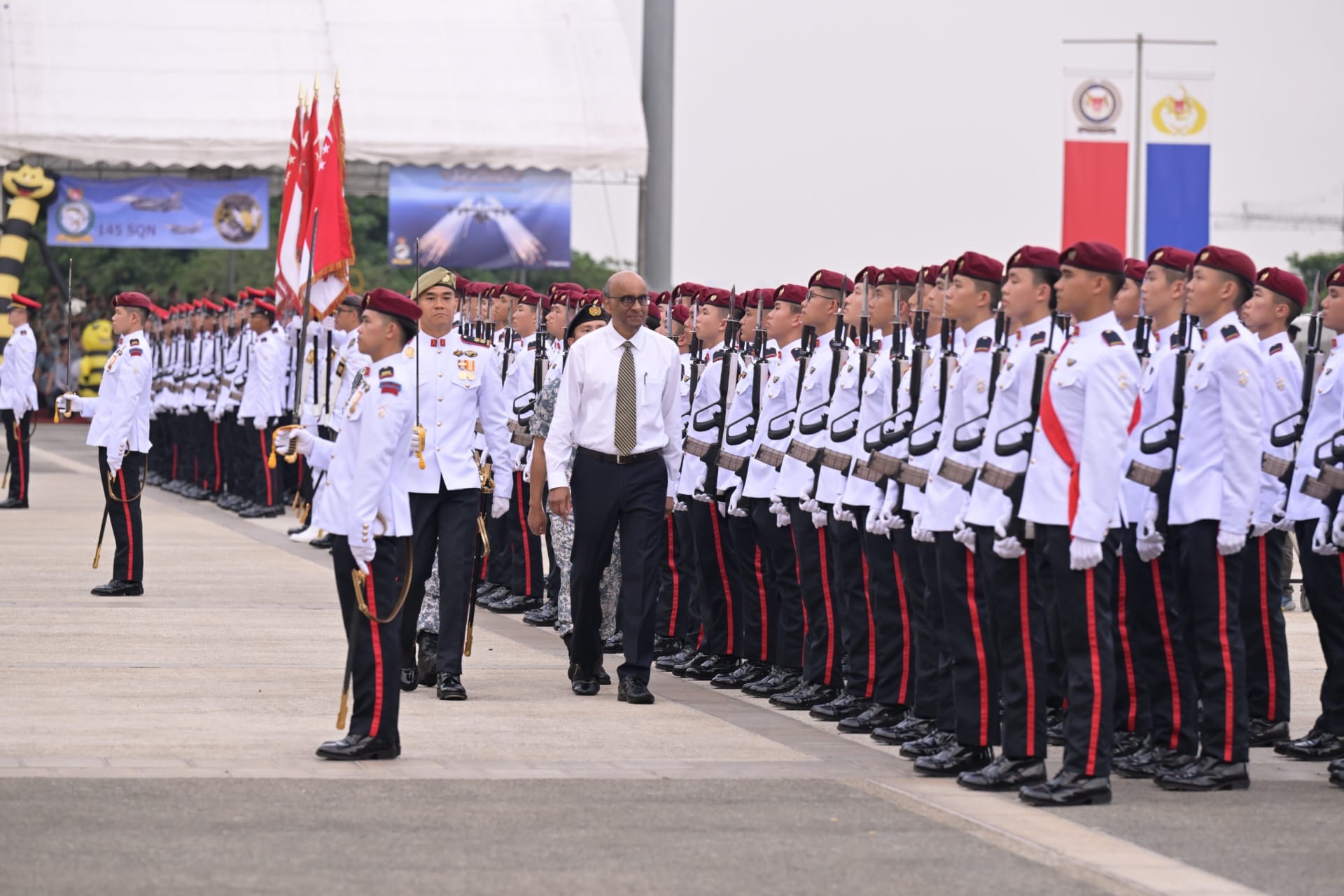 President Tharman Shanmugaratnam reviewing the Guard of Honour contingents at the Singapore Armed Forces (SAF) Day Parade held at SAFTI Military Institute (SAFTI MI).