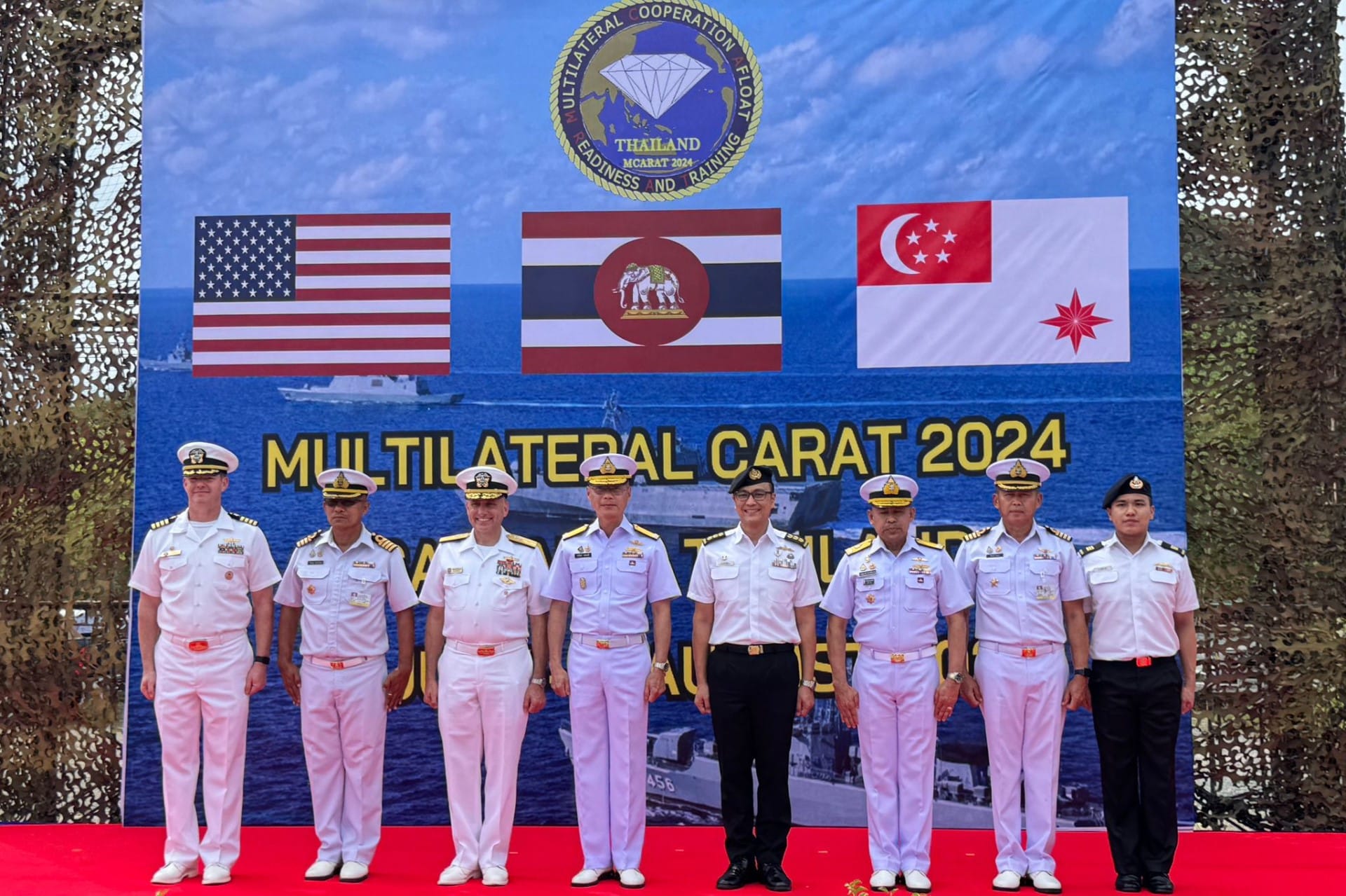 RSN Deputy Fleet Commander COL Ho Jee Kien (fourth from right), together with Royal Thai Fleet Deputy Chief of Staff RADM Korawit Chayarathi (fourth from left) and the USN Seventh Fleet Vice Commander RDML Joaquim Martinez de Pinillos (third from left) at the opening ceremony of multilateral Exercise CARAT.