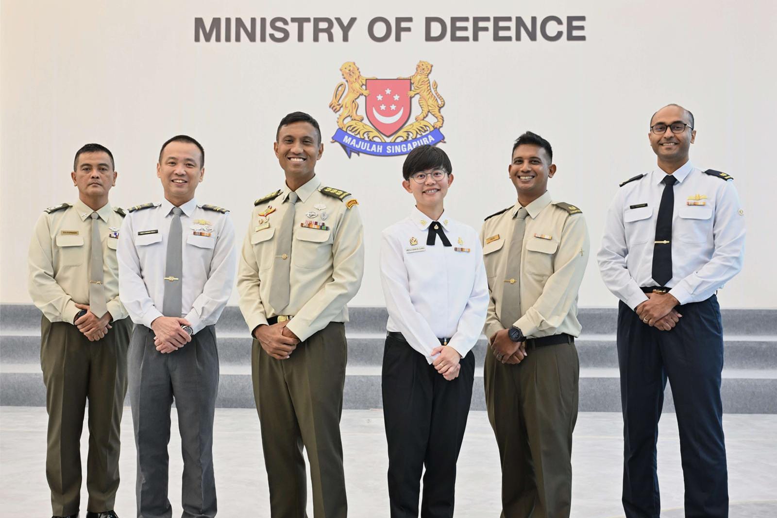 (Left to right) Senior Warrant Officer (SWO) Zulkarnaen Bin Hussain, Military Expert (ME) 5 Derek Phua, Colonel (COL) Fairoz Bin Hassan, ME5 Grace Chng, Major (MAJ) (NS) Vinoth Pannirsilvam, and MAJ C Teeneshwaran are among the Warrant Officers, Military Experts, Officers, DXO and civilians to be promoted.