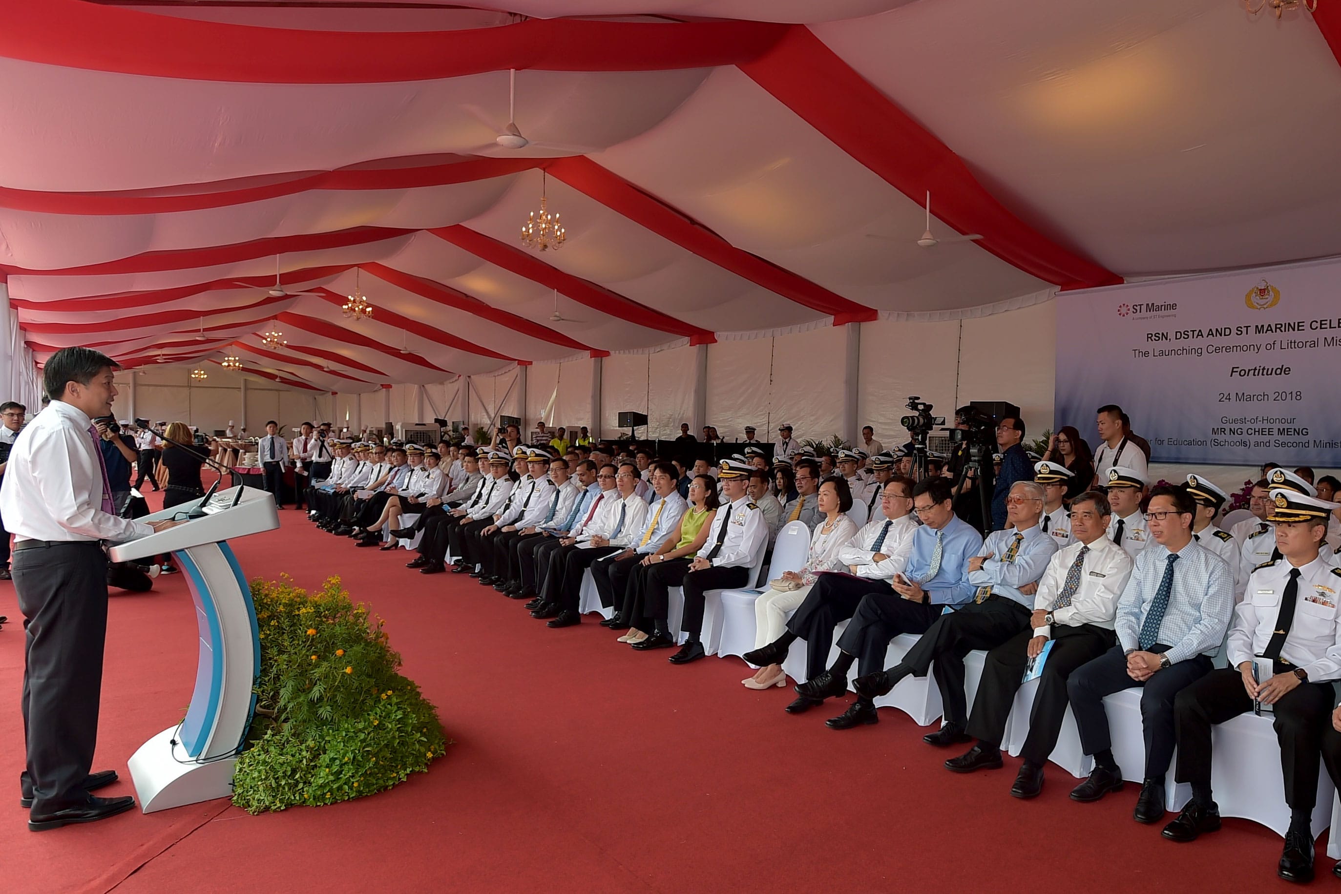 Minister for Education (Schools) and Second Minister for Transport Mr Ng Chee Meng (left), delivering his speech at the Launch Ceremony of the Littoral Mission Vessel (LMV) Fortitude this morning.
