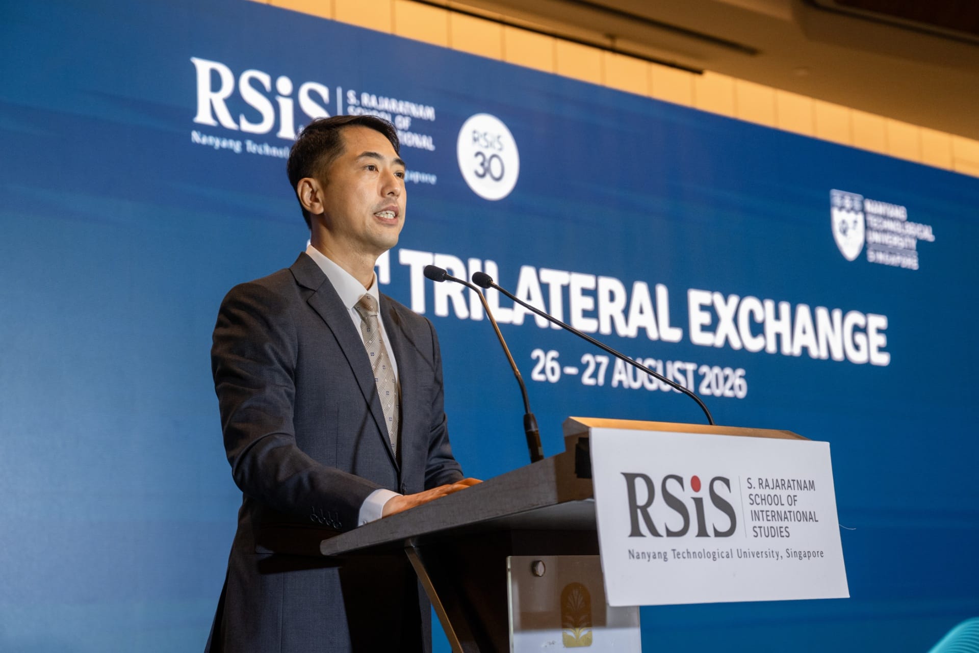 Deputy Secretary (Policy) for Ministry of Defence of Singapore Brigadier-General (BG) Frederick Choo delivering his opening remarks at the 7th RSIS Trilateral Exchange. (Photo Credit: MINDEF)