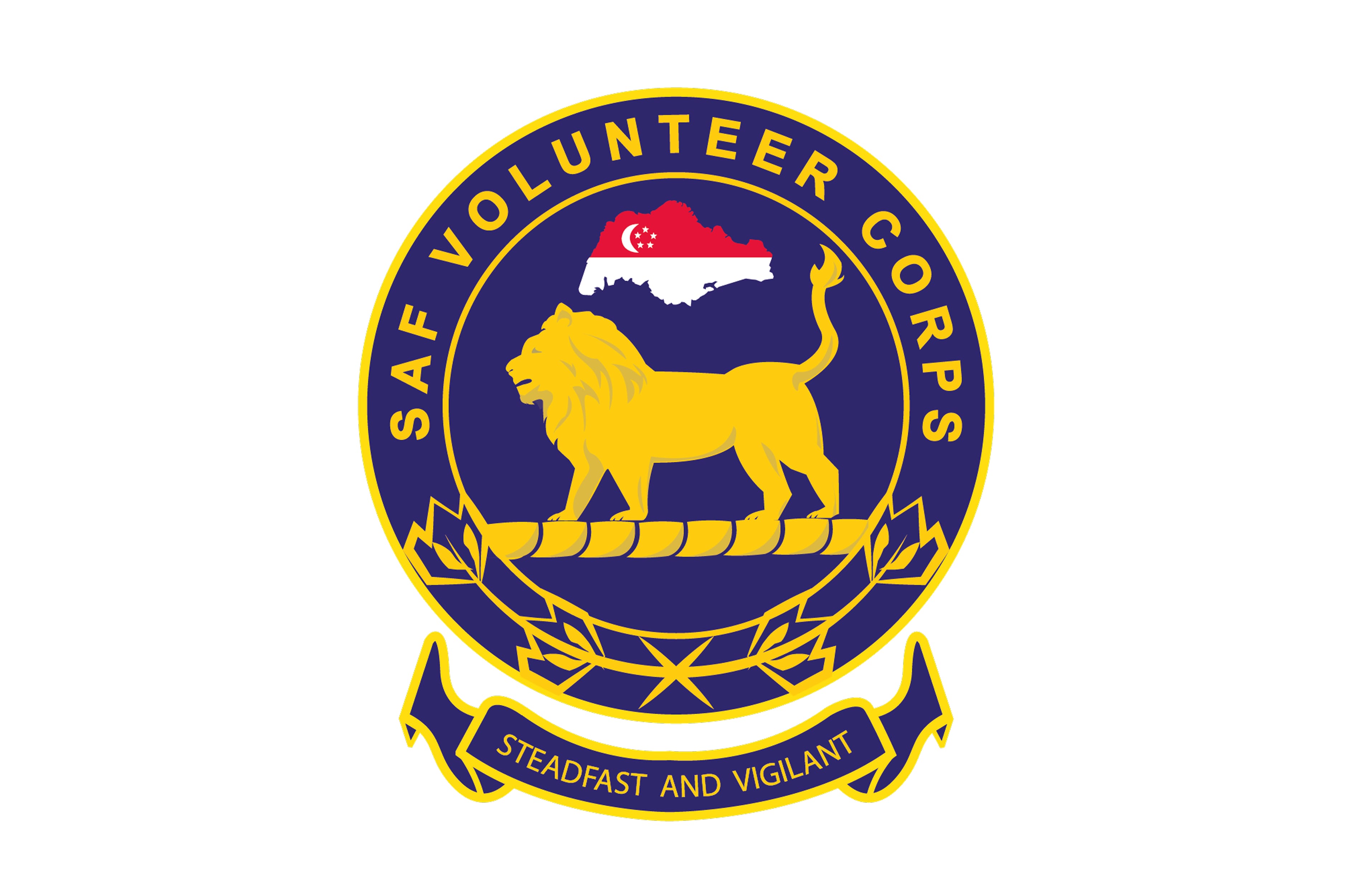SAF Volunteer Corps insignia with lion, map of Singapore, and motto "Steadfast and Vigilant".