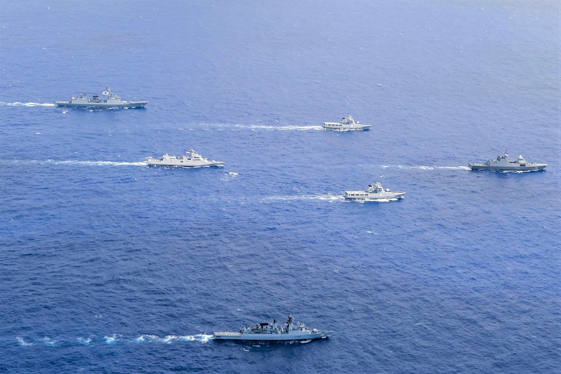 Republic of Singapore Navy's Formidable-class frigate RSS Stalwart (first ship from right) leading the Multinational Group Sail (MNGS) with warships from the Royal Brunei Navy, Indonesian Navy, Royal Malaysian Navy and Republic of Korea Navy. Photo courtesy: Republic of Korea Navy