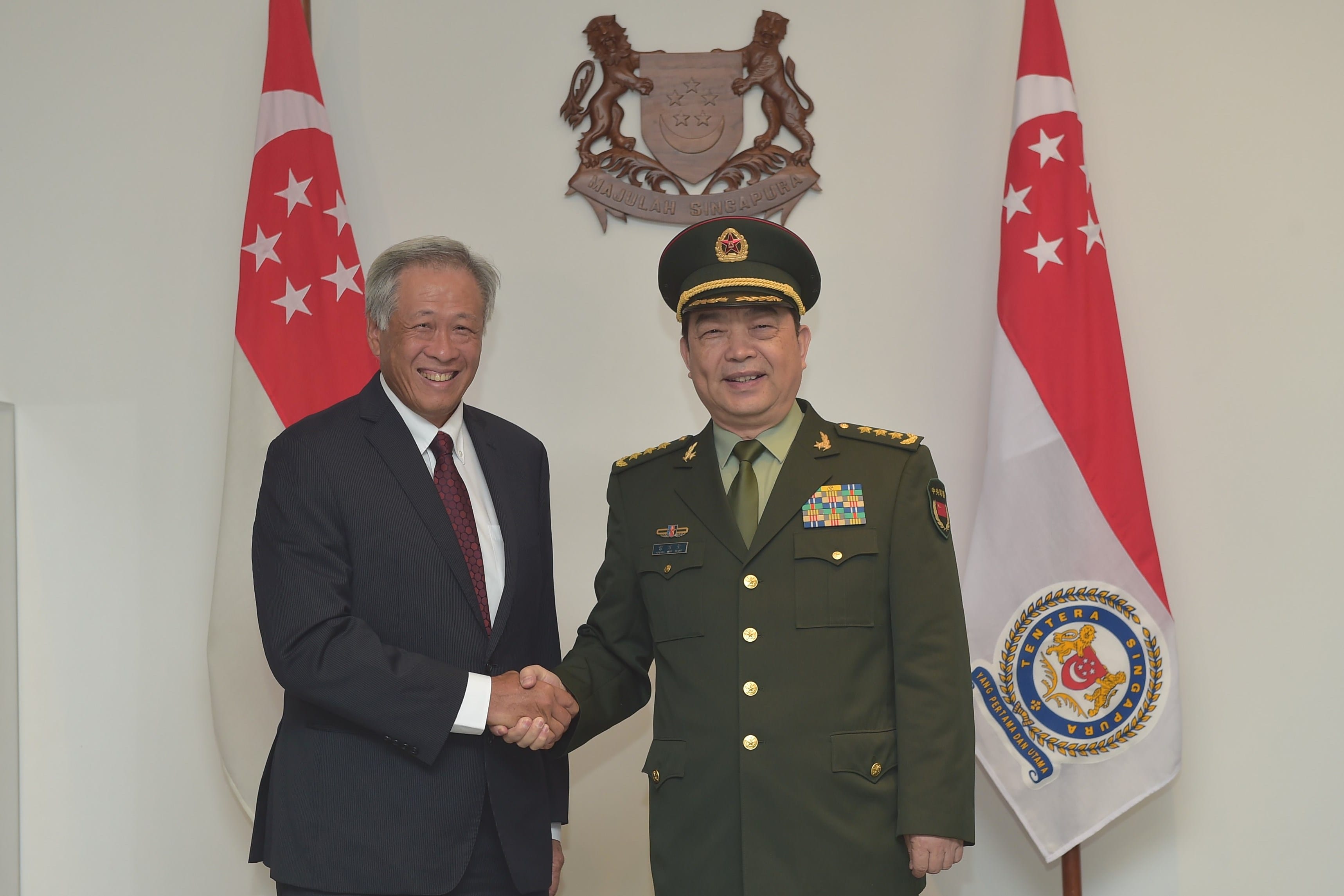 Chinese Minister of National Defense General (GEN) Chang Wanquan (right) meeting with Minister for Defence Dr Ng Eng Hen during his introductory visit to Singapore.