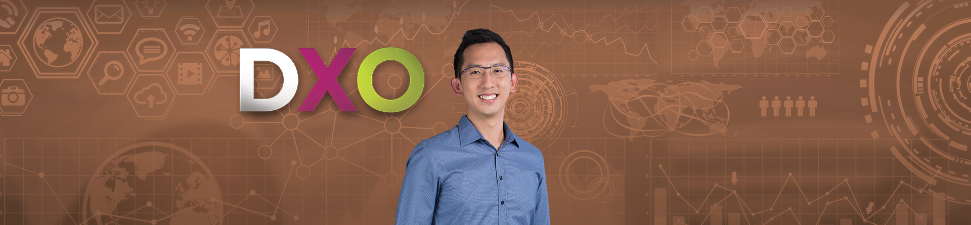 Kelly in blue shirt beside "DXO" text, set against a backdrop of digital and global data graphics.