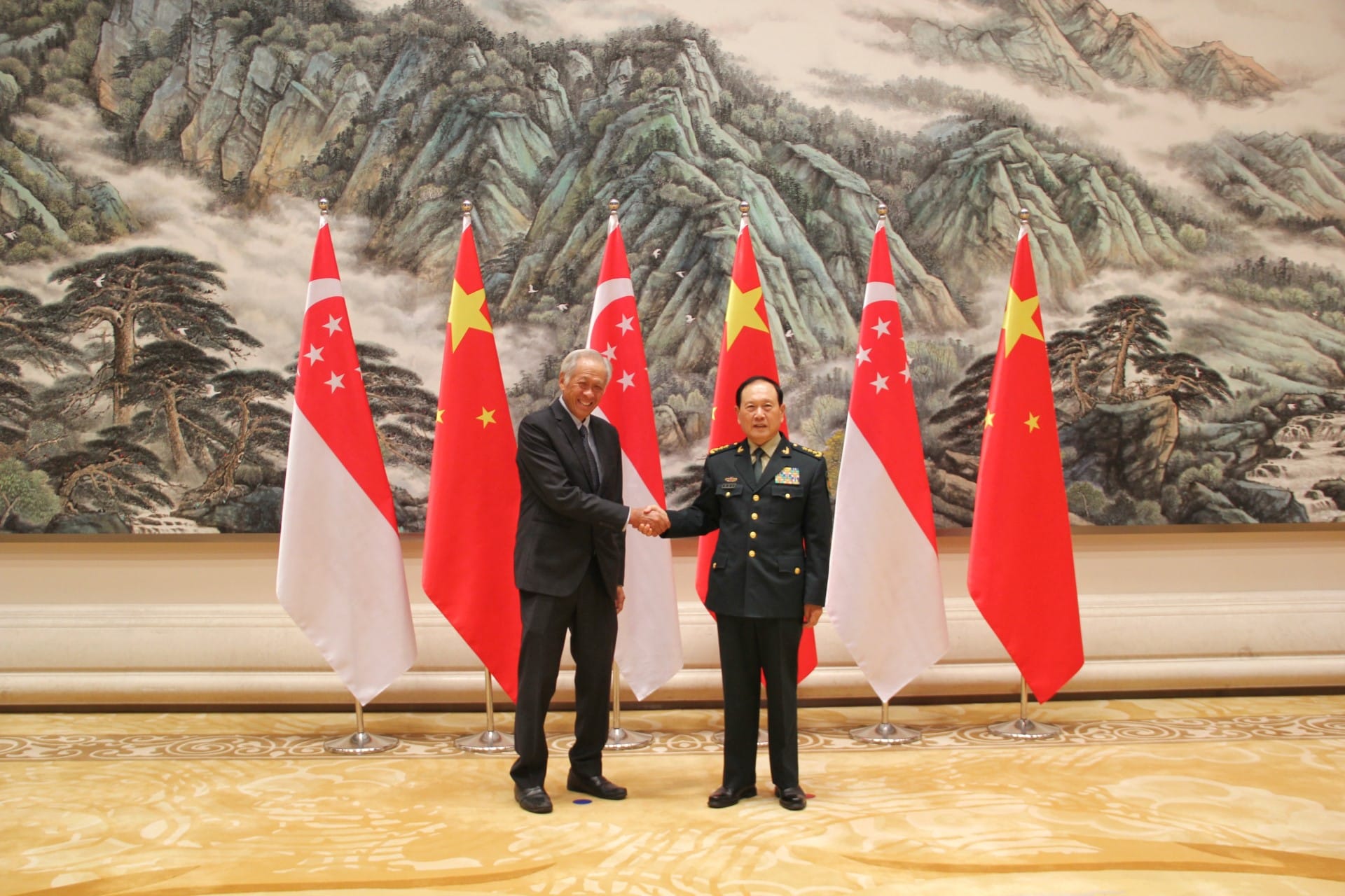 Minister for Defence Dr Ng Eng Hen (left) with Chinese State Councilor and Minister of National Defense General (GEN) Wei Fenghe (right) in Xi'an, China this morning.