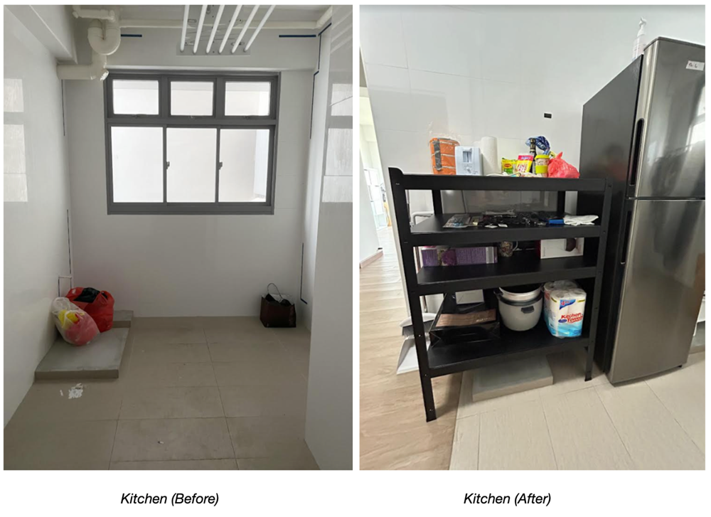 Kitchen before: Empty room with bags, window. After: Shelves with groceries next to a stainless steel refrigerator.
