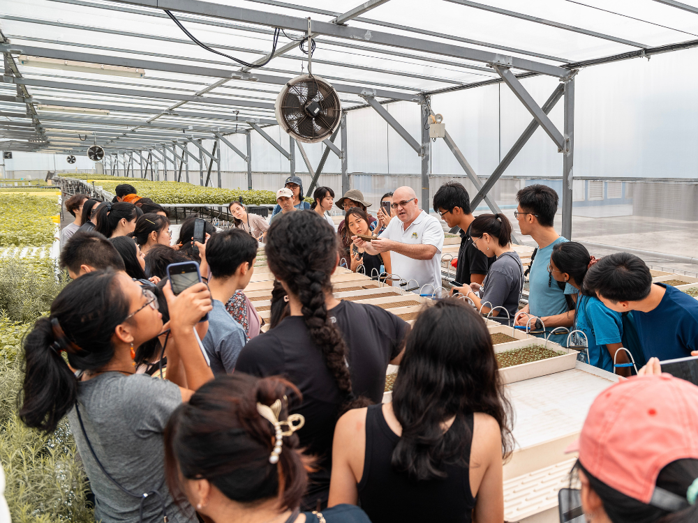 In a greenhouse, a group listens as a man holds a plant sample and gestures toward trays of small plants.
