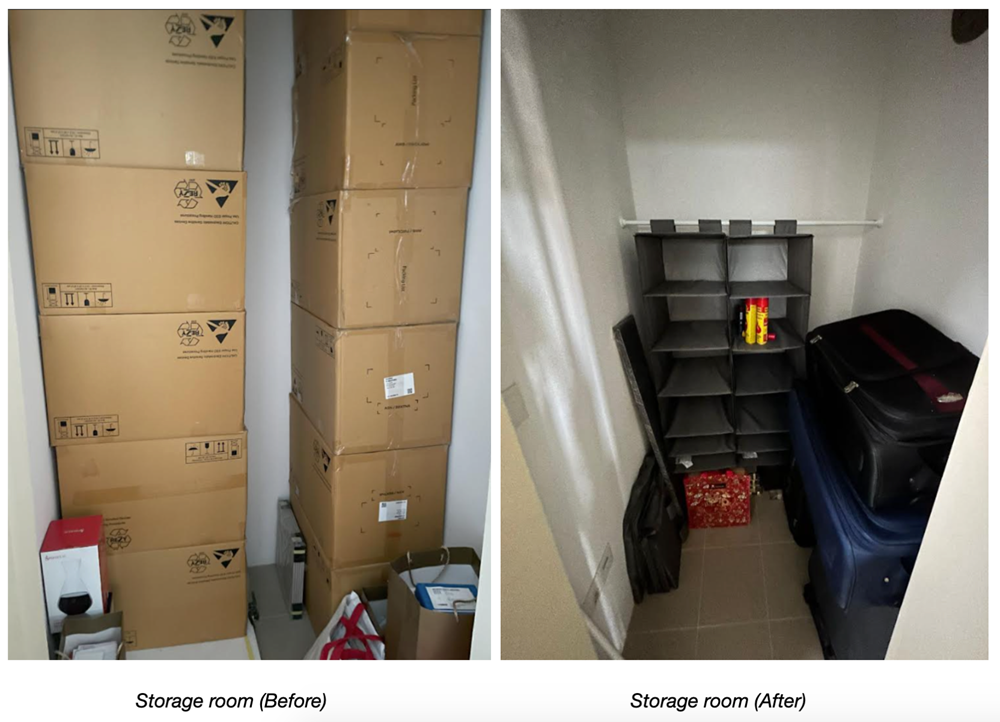 Split view of storage room: before (boxes stacked high) and after (shelves and luggage).