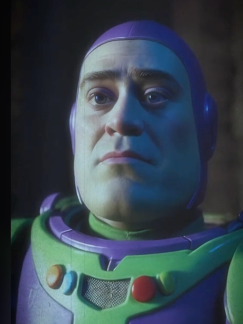Stylised, realistic version of Buzz Lightyear with a somber expression and dramatic lighting