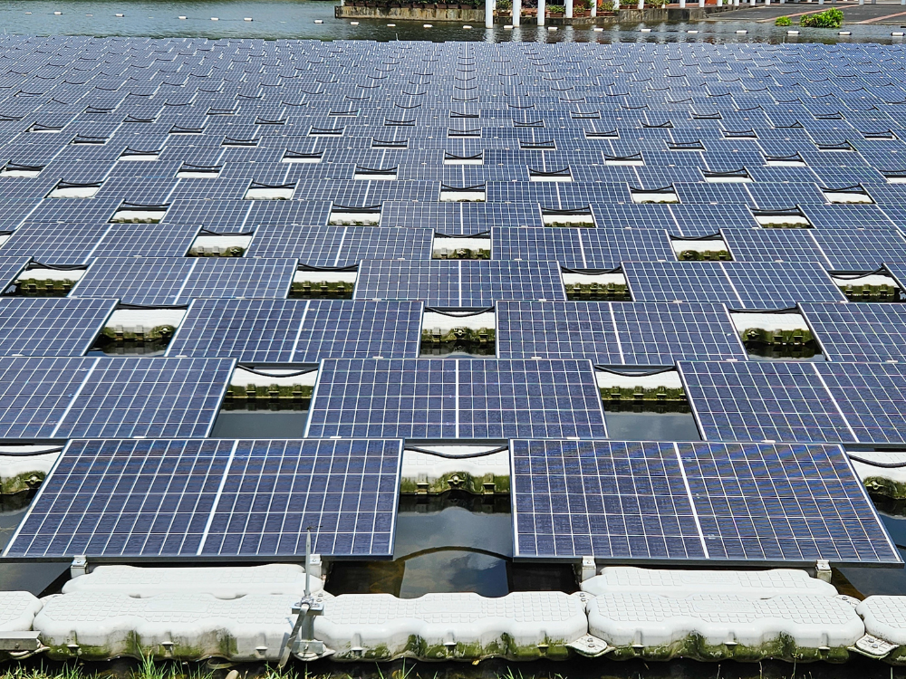 Wide view of floating solar panels installed across a water surface under sunlight