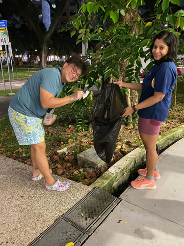 Two volunteers picking up litter at night beside a tree on a residential pavement