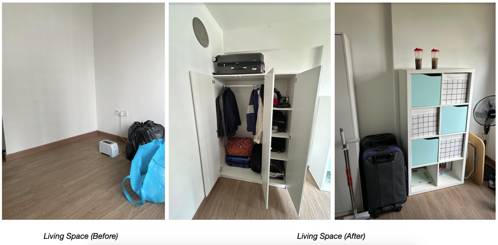 Before/After: Living space shows decluttering; from bags on the floor to organized storage.