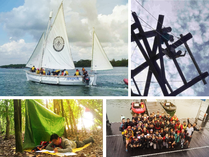 Photo collage of OBS activities: sailing, forest shelter, ropes course, and group photo by the water.