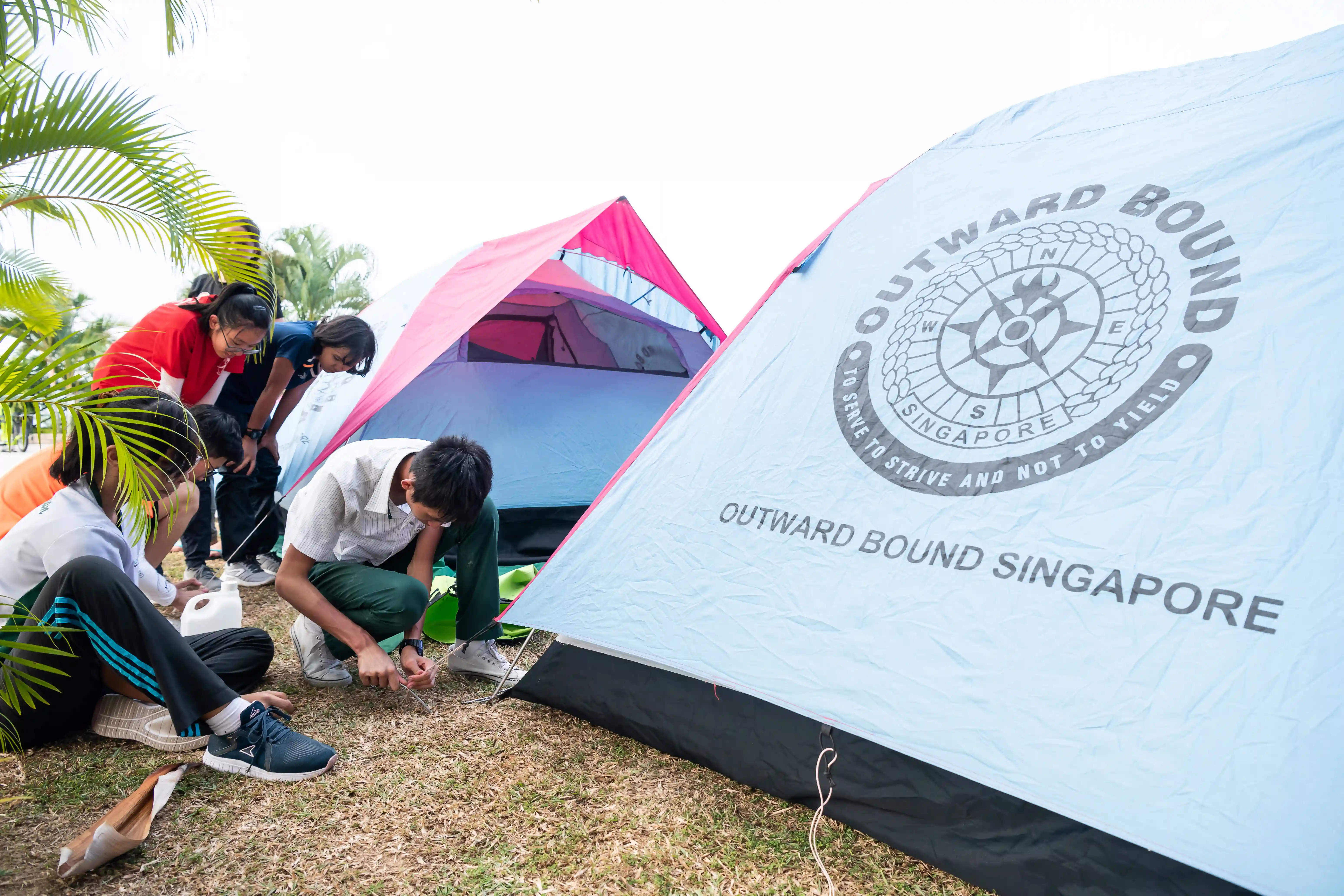 Students pitching tents at an OBS campsite.