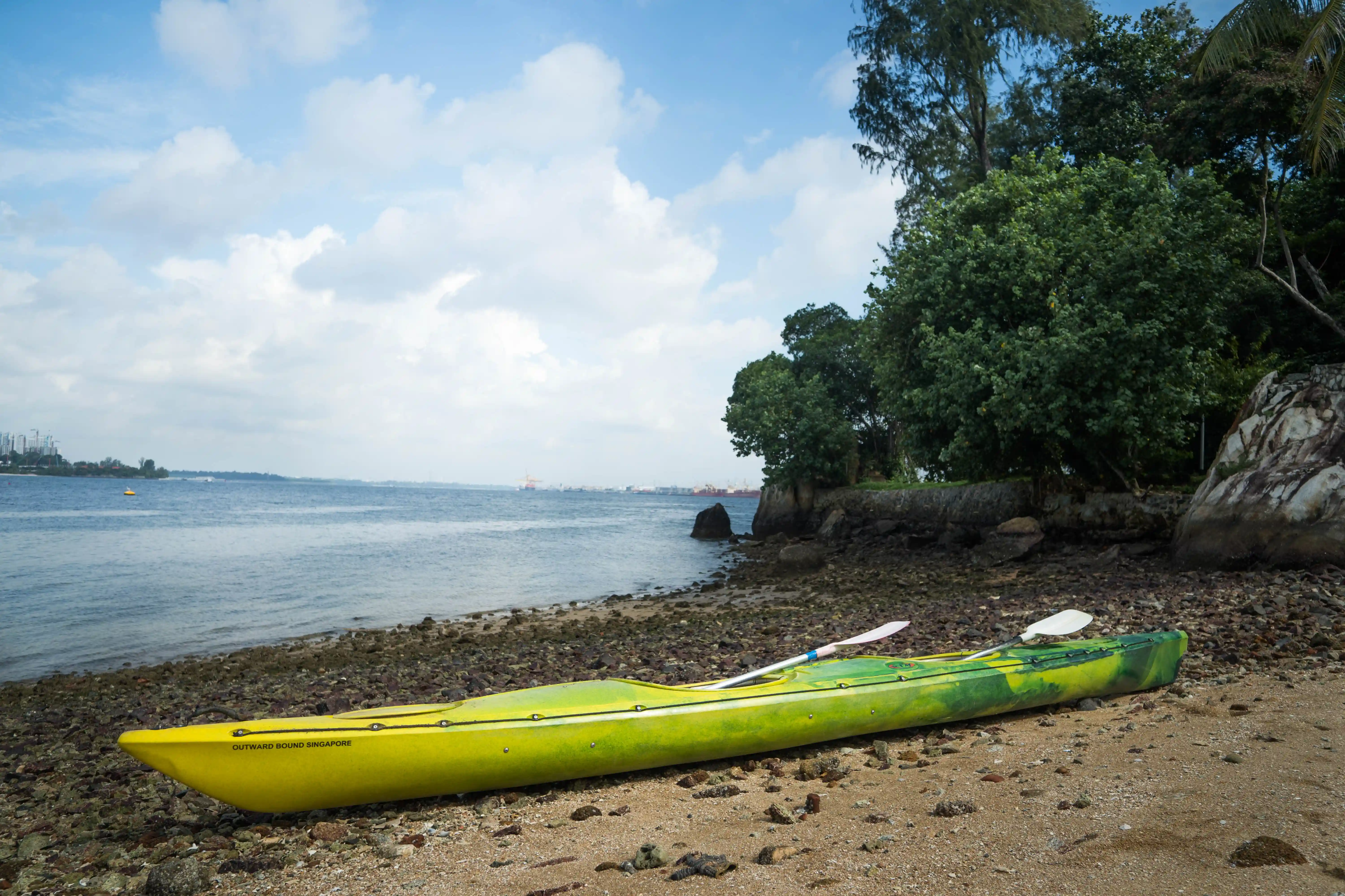 Green and yellow sea kayak with paddles resting on rocky beach shore with tropical vegetation.