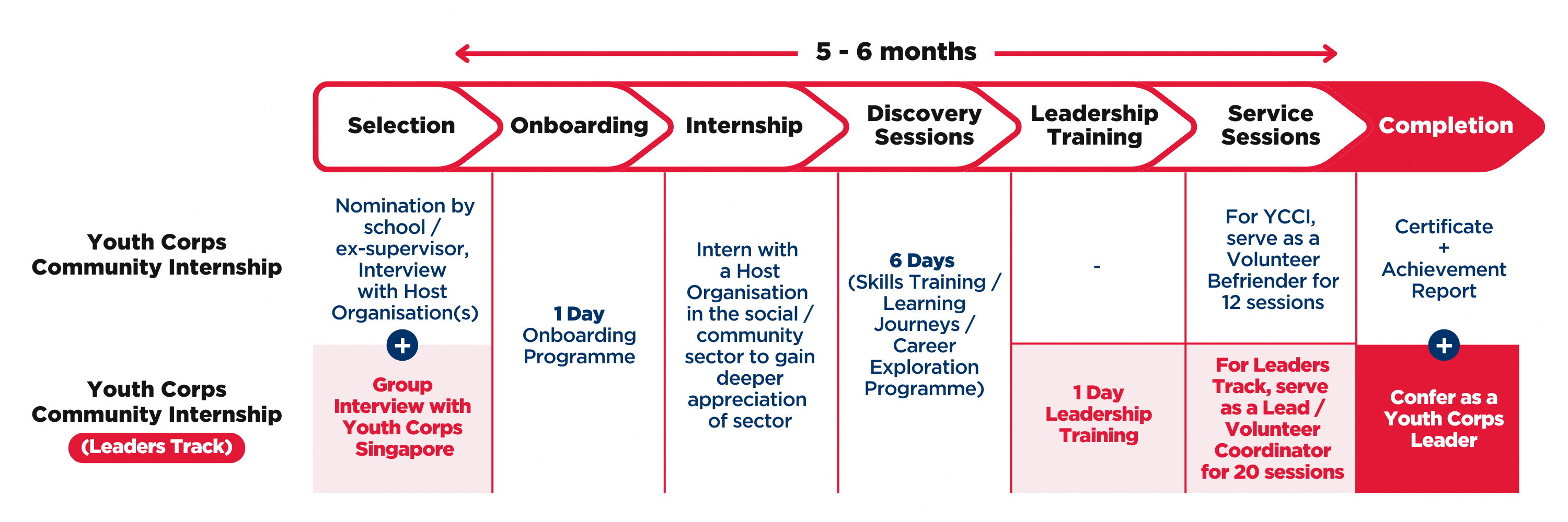 Horizontal infographic showing Youth Corps internship and leaders track progression