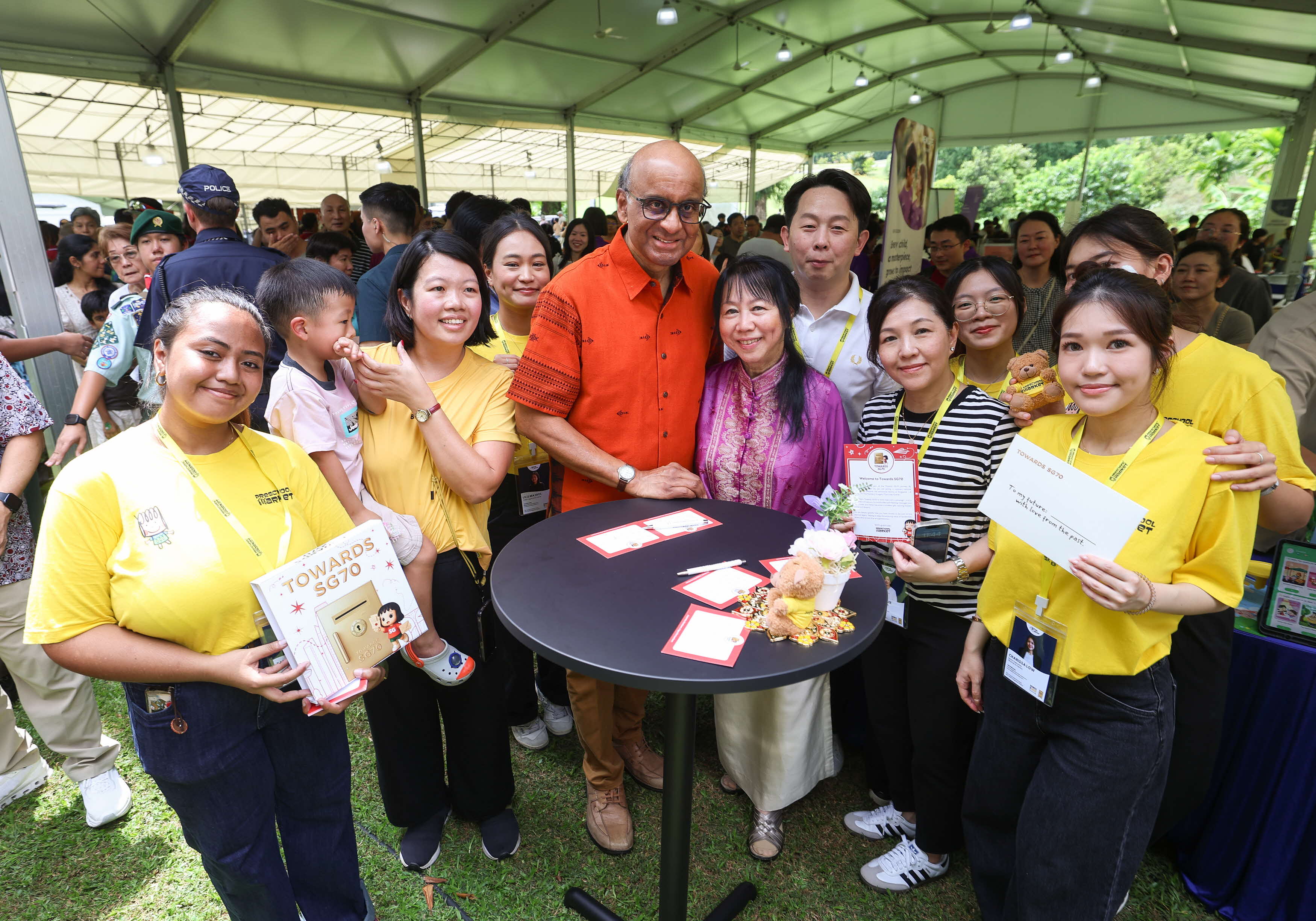 Preschool market staff group photo with Mr and Mrs Tharman