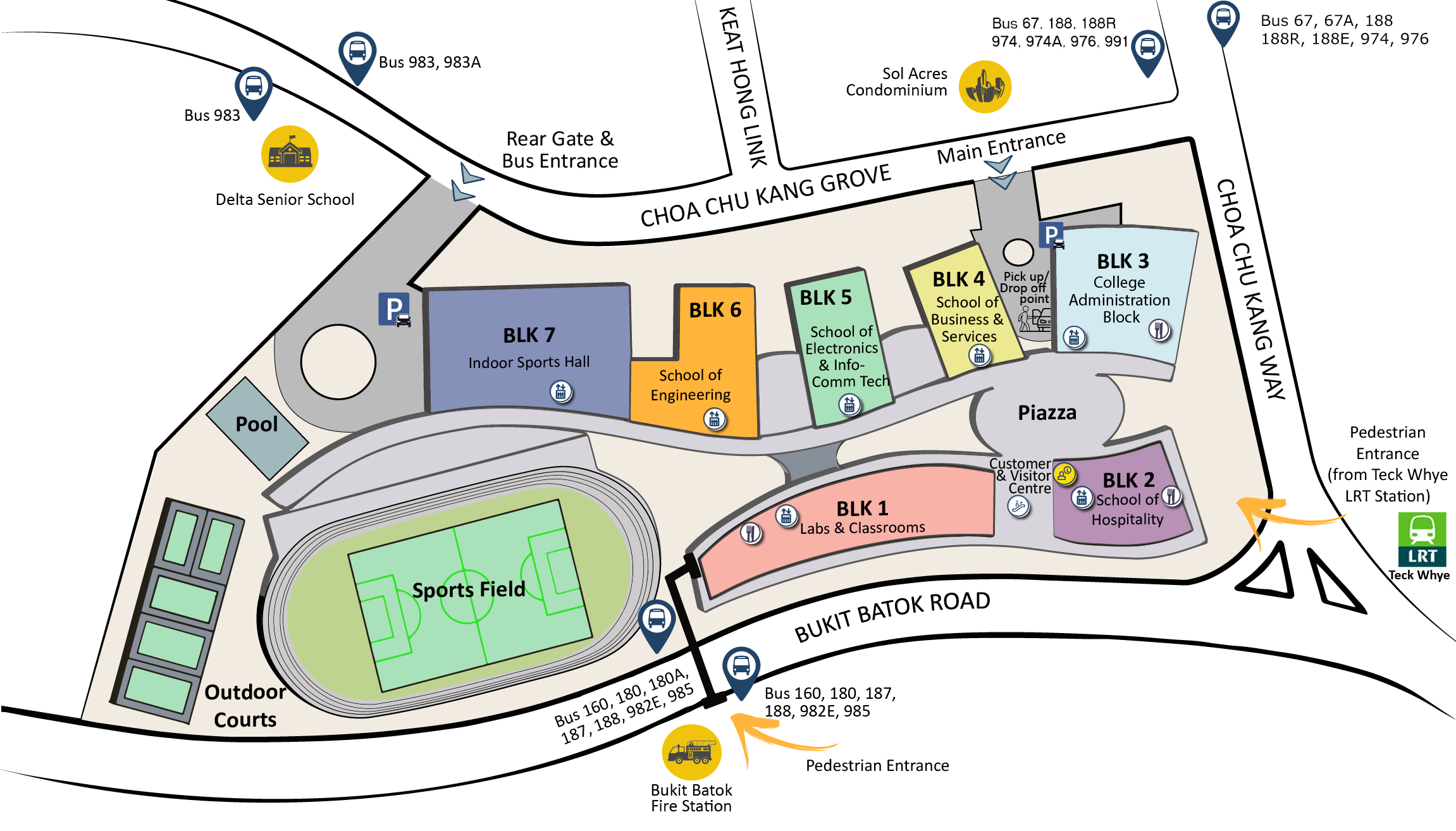 ITE College West map with labeled buildings, sports facilities, bus stops, and Teck Whye LRT station.