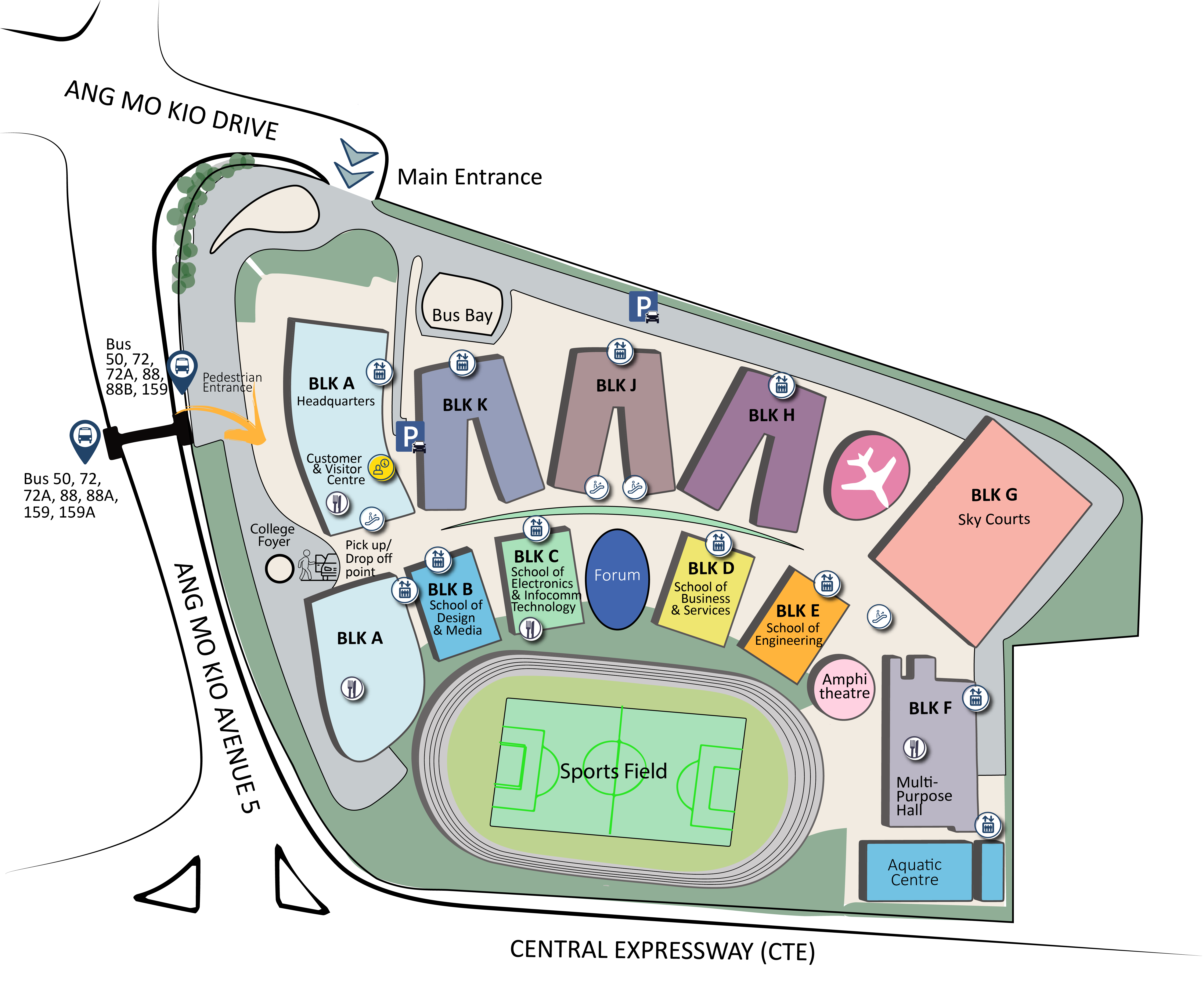Map of a school campus with building blocks labeled A to K, sports field, and parking areas.