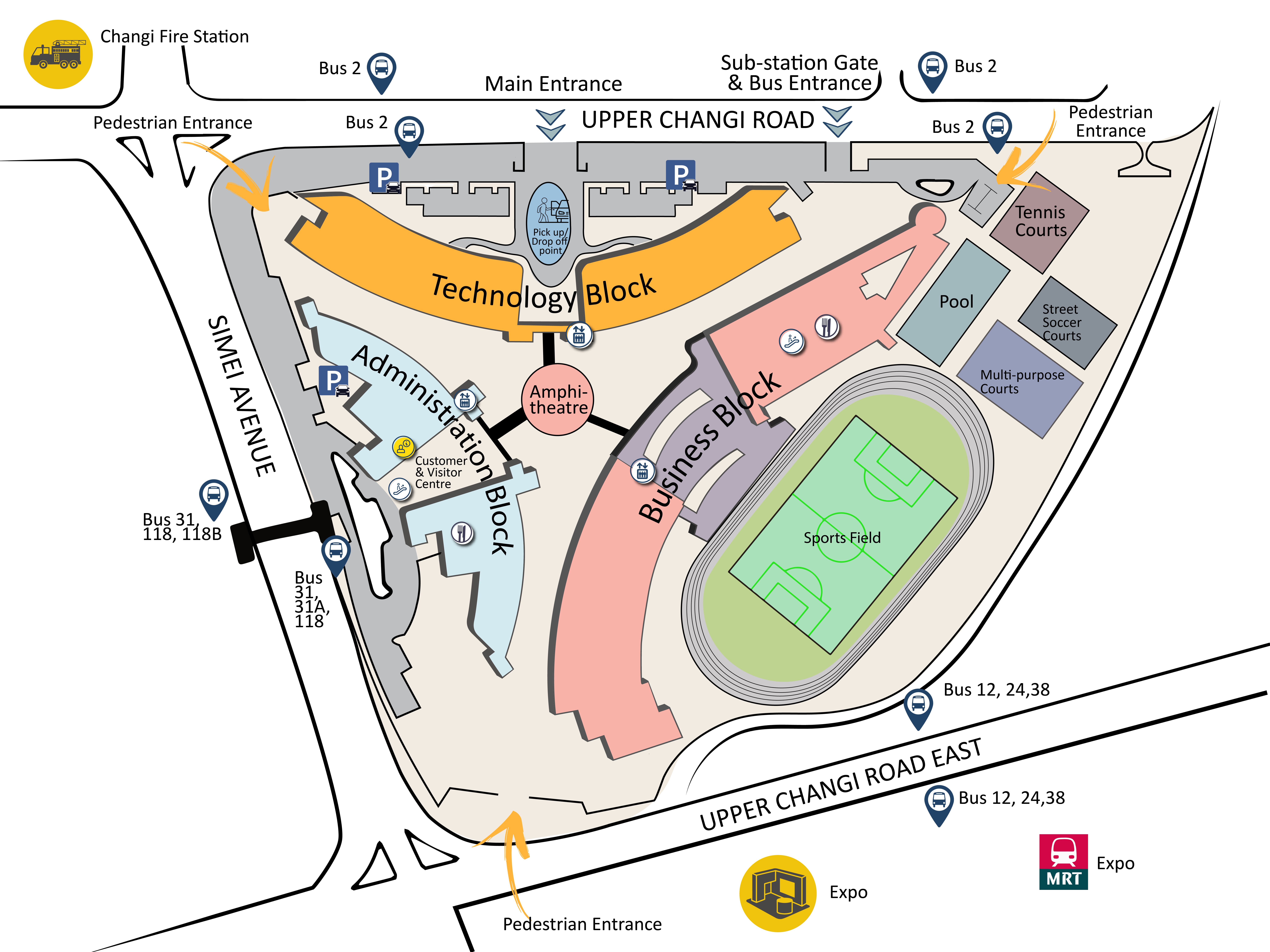 Campus map showing building blocks, sports facilities, bus stops, and pedestrian access points.