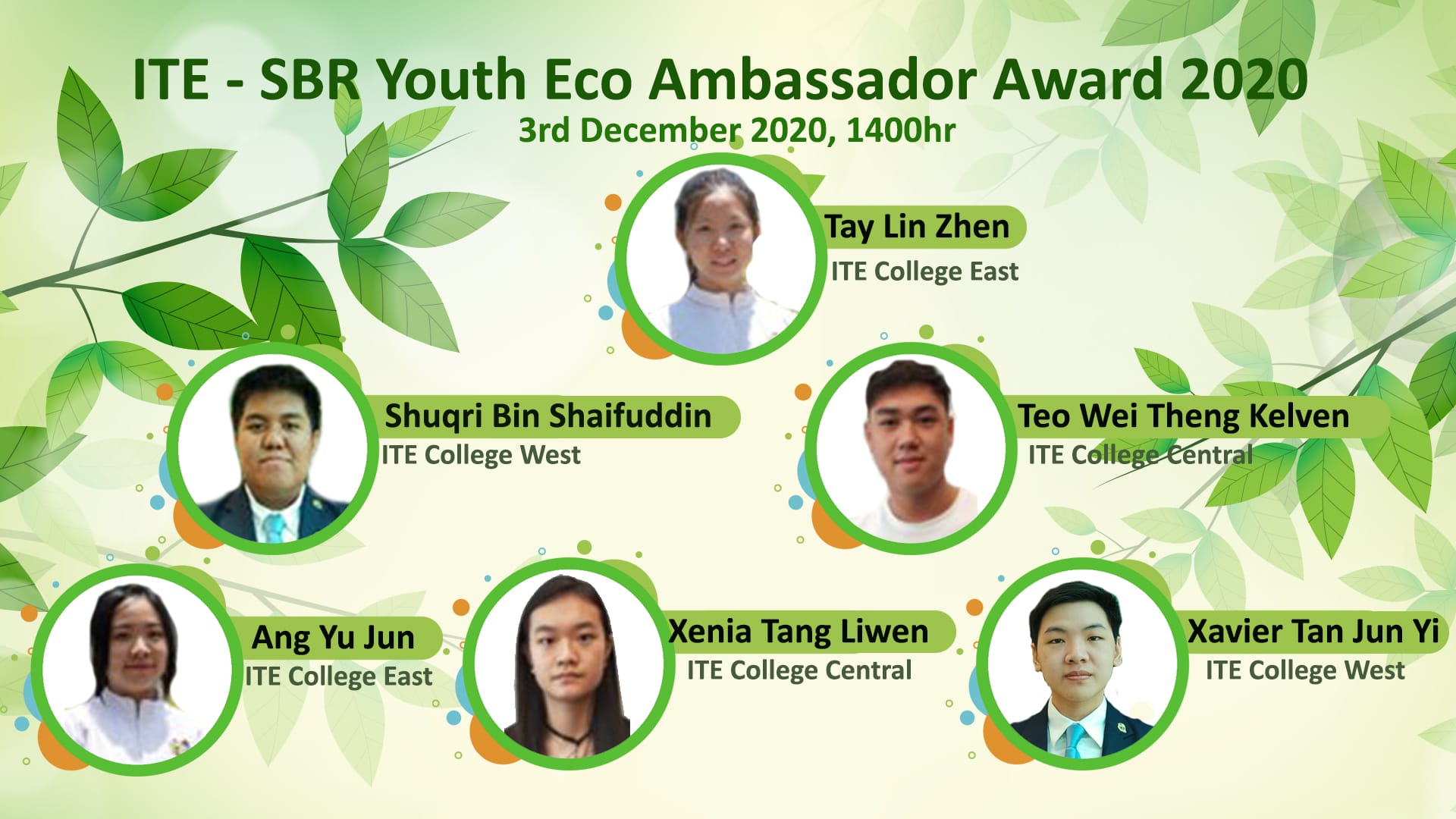 ITE-SBR Youth Eco Ambassador Award 2020 with headshots and names of 6 students.