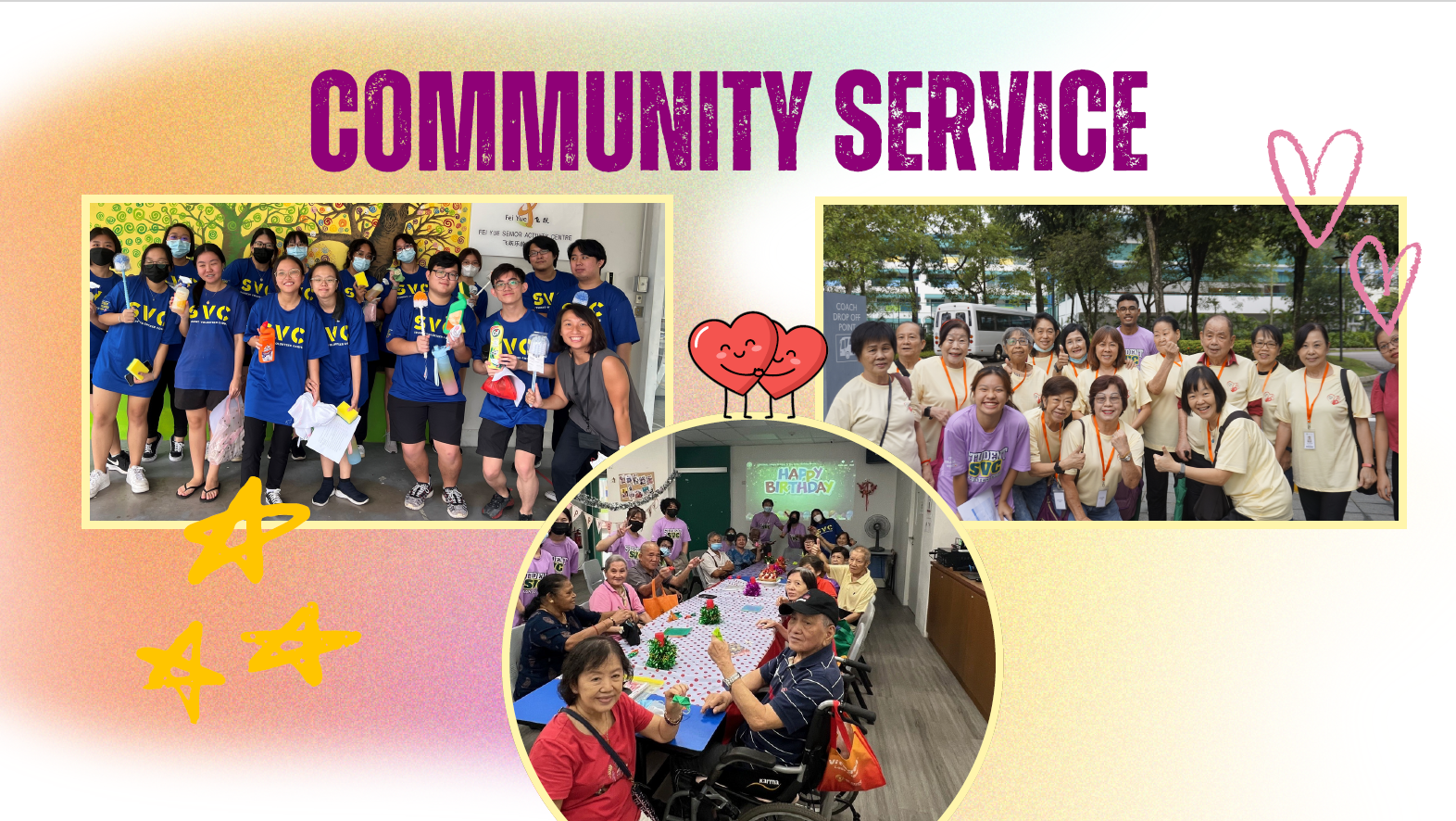 /'Community Service/' graphic showing photos of volunteer groups and recipients at a party.