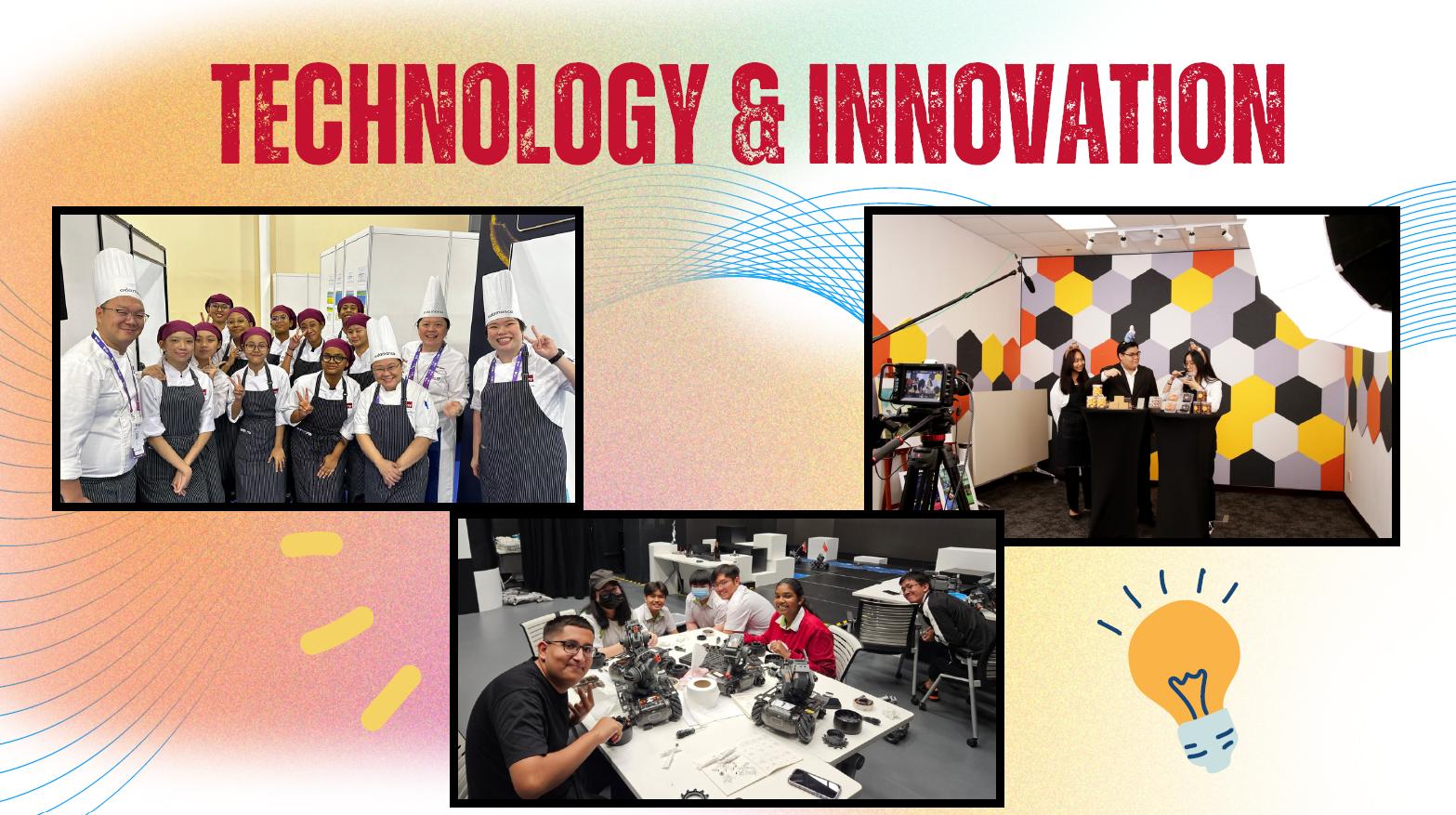 /'Innovation & Enterprise/' title, list of clubs, photos of students filming, cooking, and working with robots.