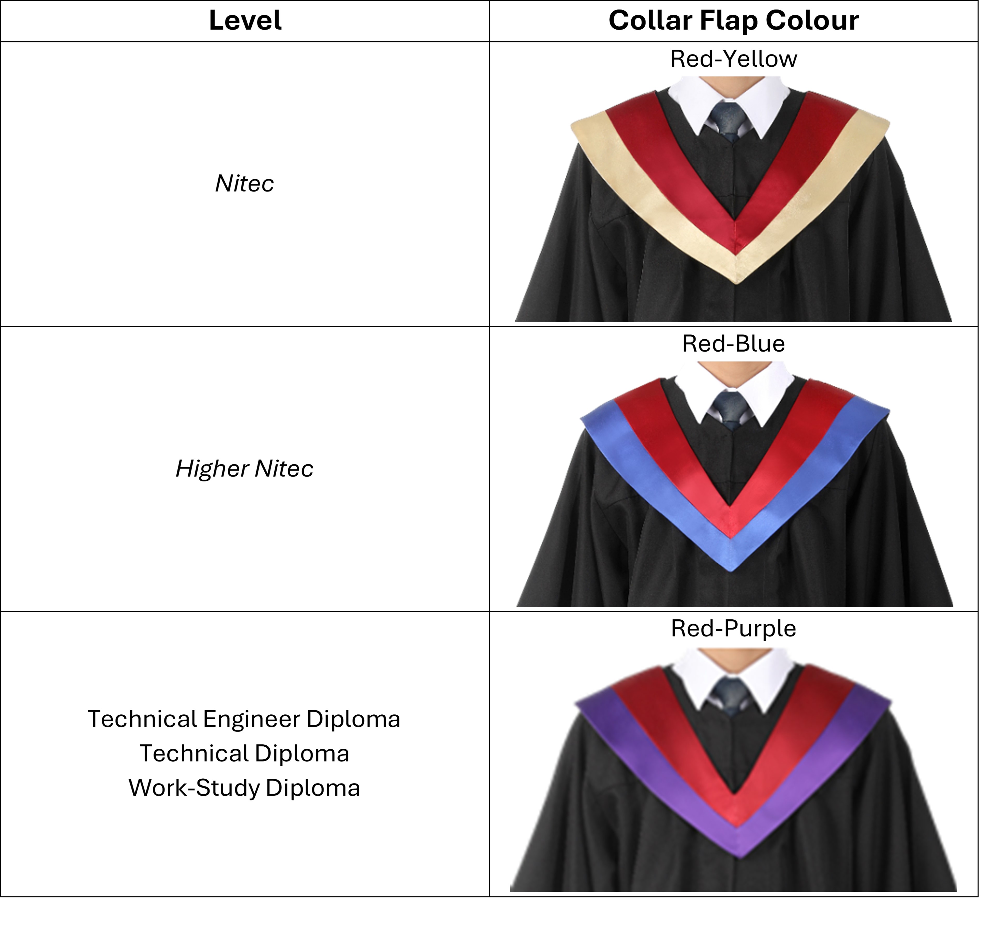 Red-Yellow Flap for Nitec, Red-Blue for Higher Nitec, Red-Purple for Diploma