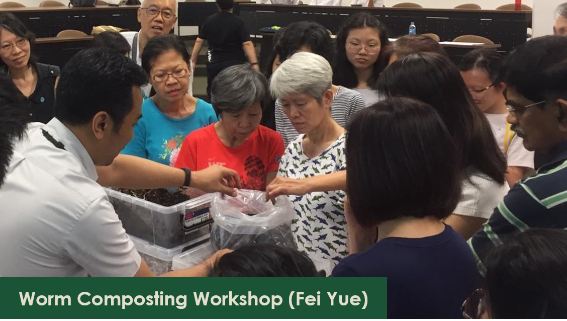 Group of people around a container with soil, attending a worm composting workshop.