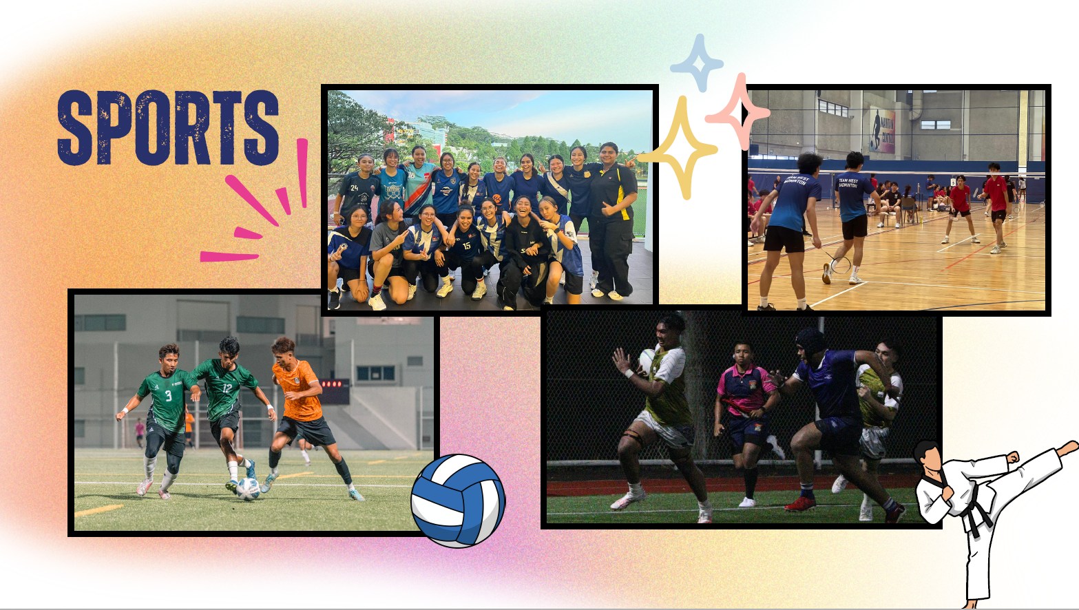 Collage of sports activities: team photos, soccer players, list of sports, and red/black dots.