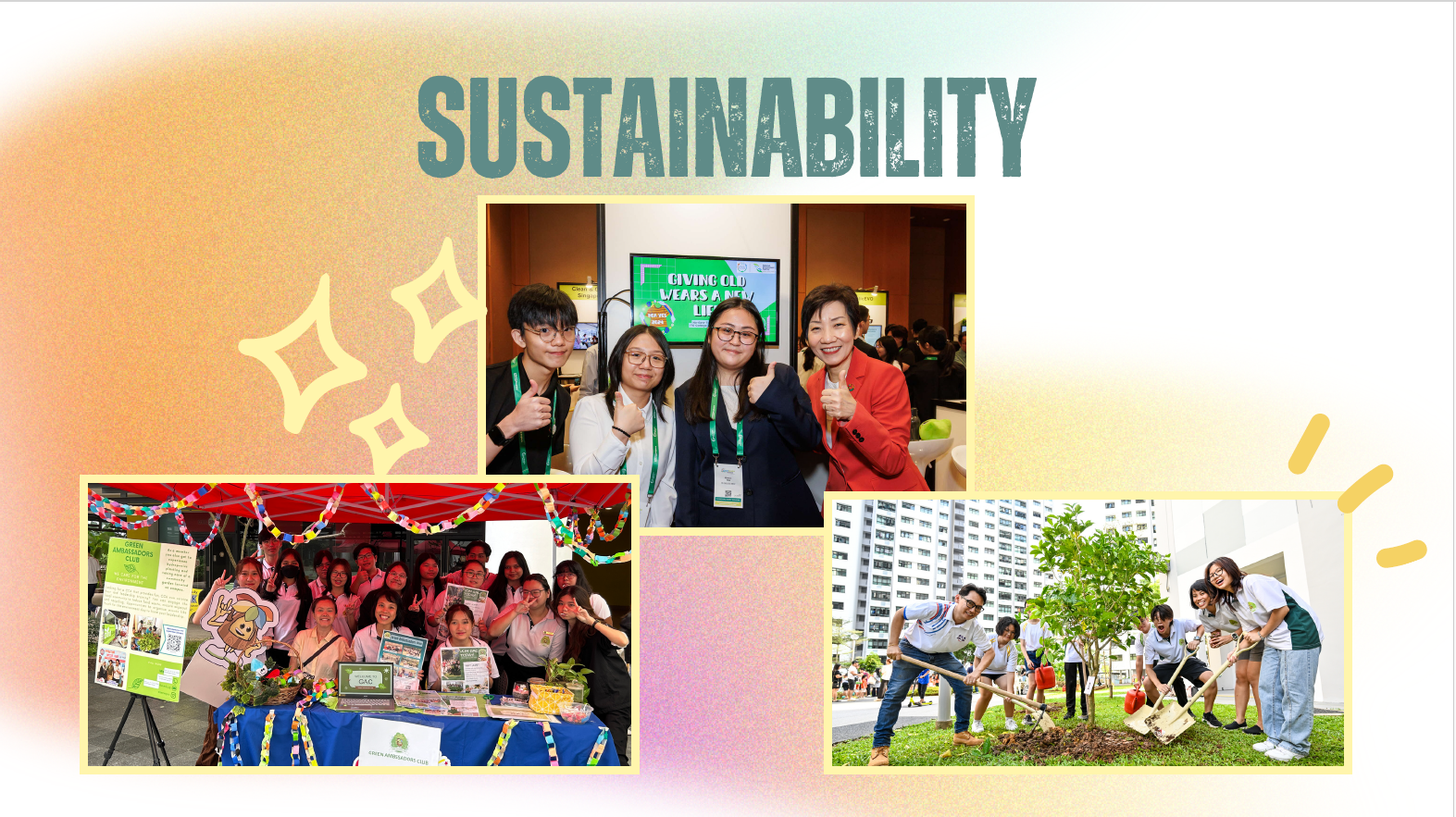 Collage about sustainability featuring photos of people planting trees, and group photos for a Green Ambassadors Club.