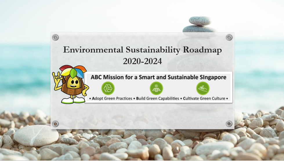 Sign for 'Environmental Sustainability Roadmap' on a rocky beach with ocean backdrop.