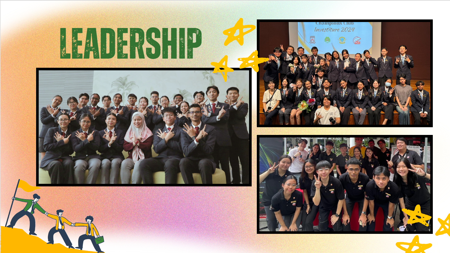 Collage shows student leaders in various settings. Text: LEADERSHIP and /'Empowerment Through Insightful Leadership/'.