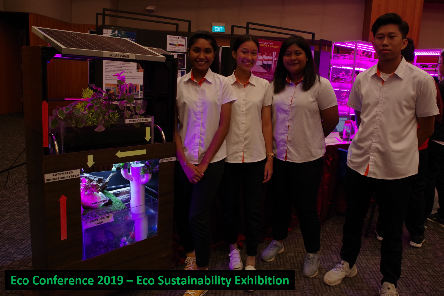 Students with a solar panel vermiculture display, including fish tank with automated system.