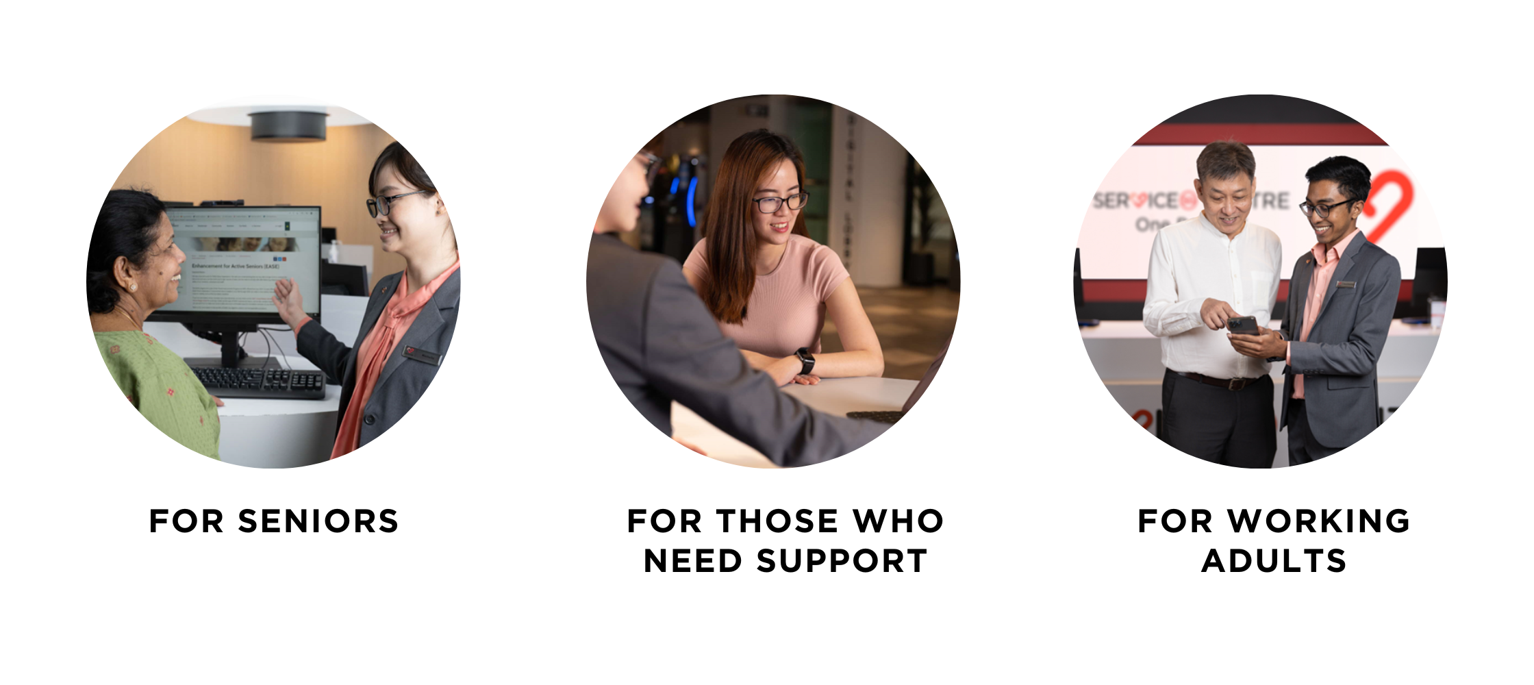 Photos of ServiceSG helping seniors, people needing support, and working adults