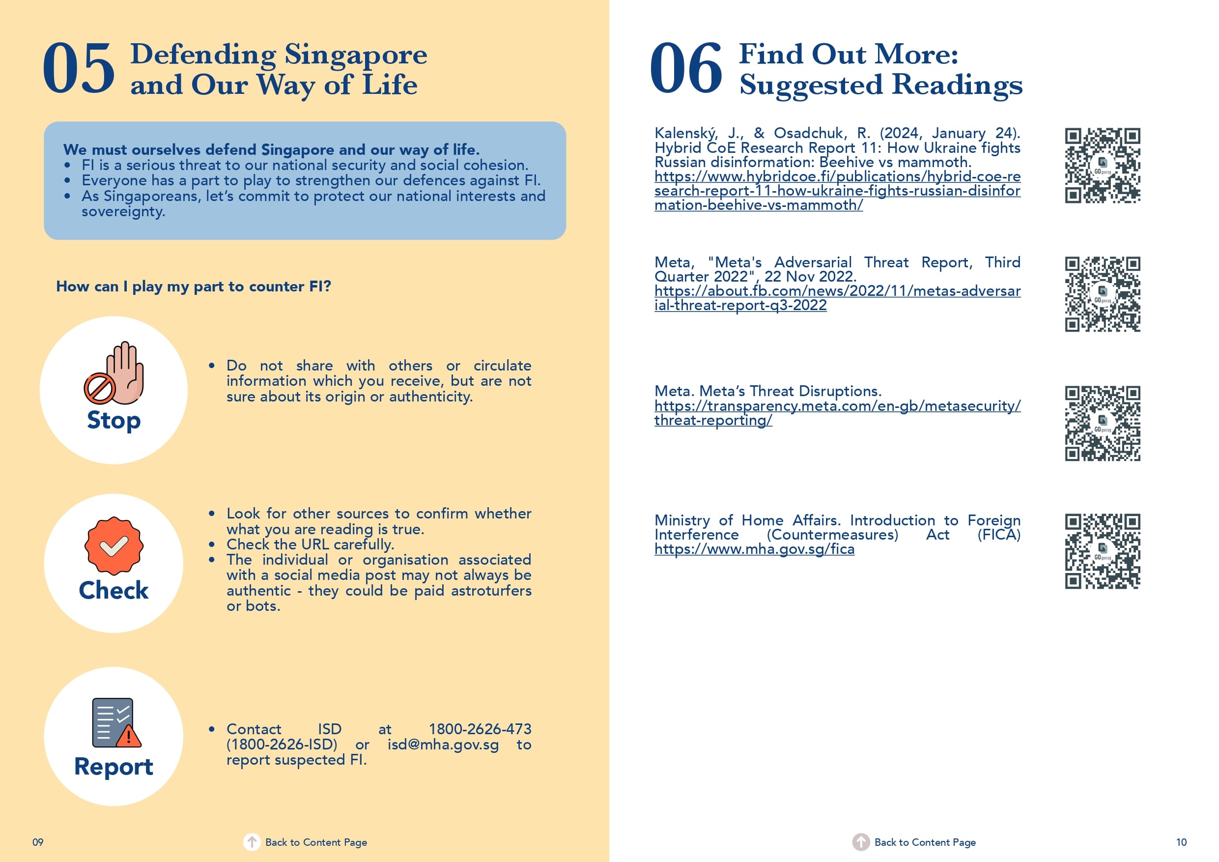 Defending Singapore with "Stop, Check, Report," and suggested readings.