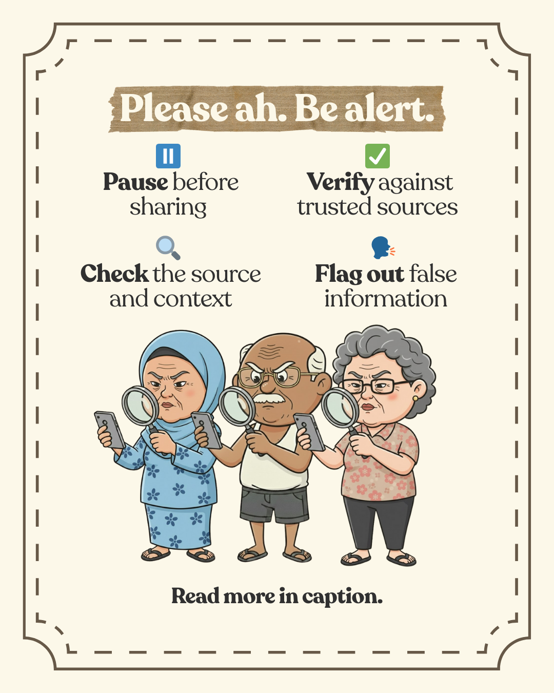 Image of three persons scrutinising their phone. The four steps to prevent the spread of disinformation is shown.