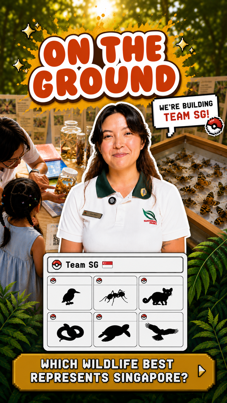 Thumbnail for “On The Ground” series showing a NParks officer standing in the centre of the Festival of Biodiversity, surrounded by interactive wildlife exhibits and educational displays. Pixel-art graphics show a “Team SG” roster with silhouettes of six native wildlife species, alongside the text “We’re Building Team SG!” and the title “Which Wildlife Best Represents Singapore?”, introducing an episode exploring which native species best represents Singapore.