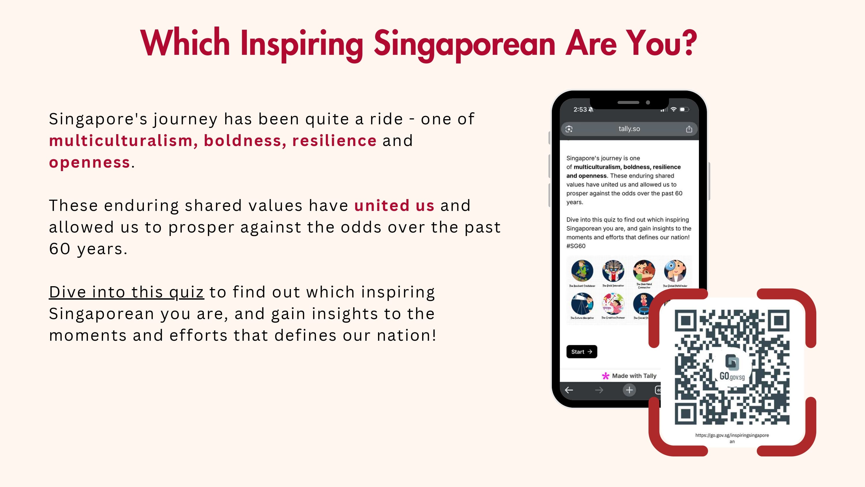 "Which Inspiring Singaporean Are You?" quiz and QR code.