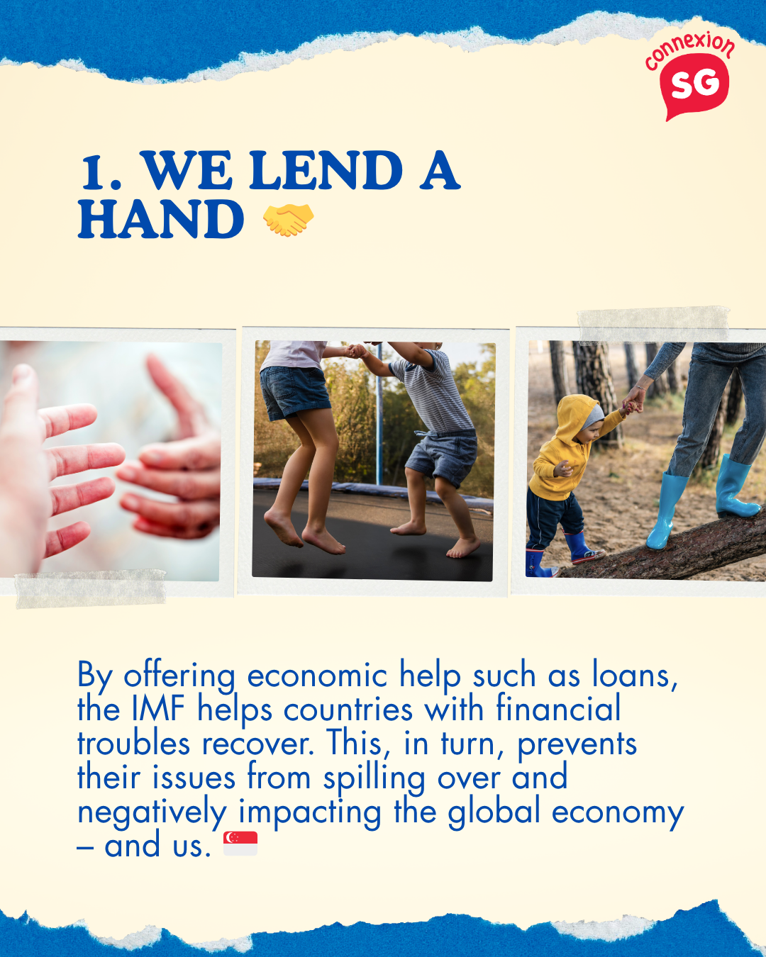 Title: "1. WE LEND A HAND." Text about the IMF helping countries recover with loans.