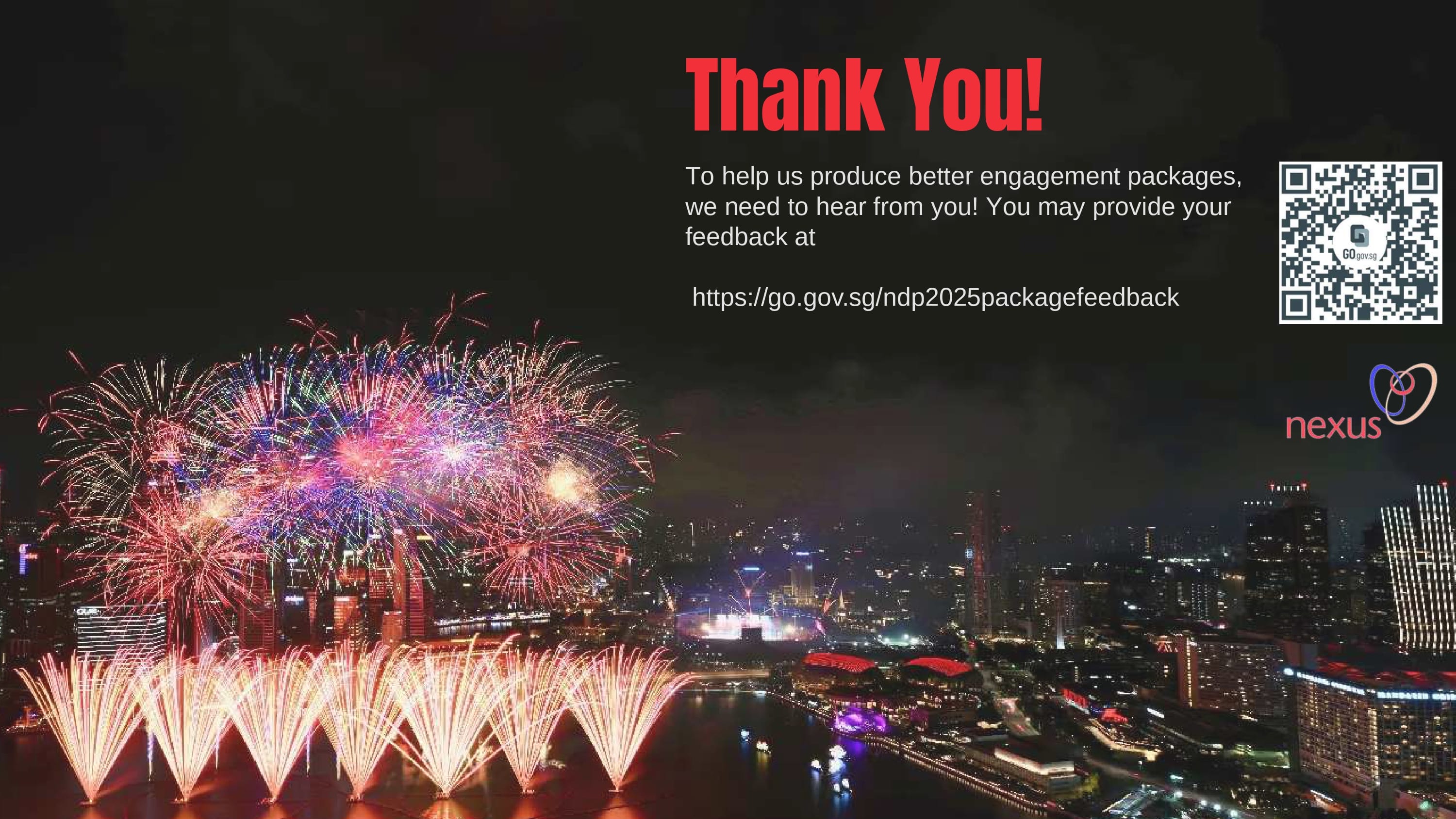Fireworks exploding over the Singapore skyline at night. Feedback QR code.