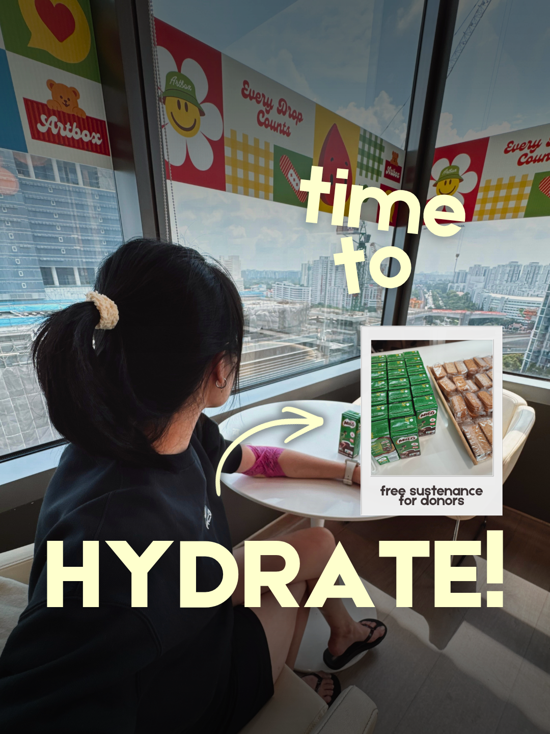 A woman sits at a table by a window with a pink bandage on her arm, next to an insert photo showing rows of Milo drink cartons and biscuits. The text overlay reads, "time to HYDRATE! free sustenance for donors."