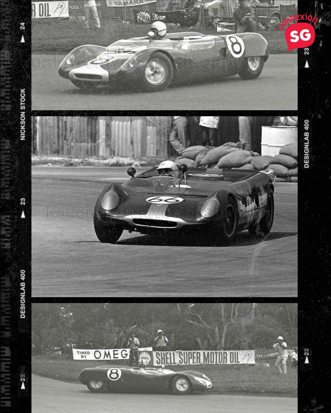 Three black and white photos of Lee Han Seng in race cars competing in the 1960s Singapore Grand Prix