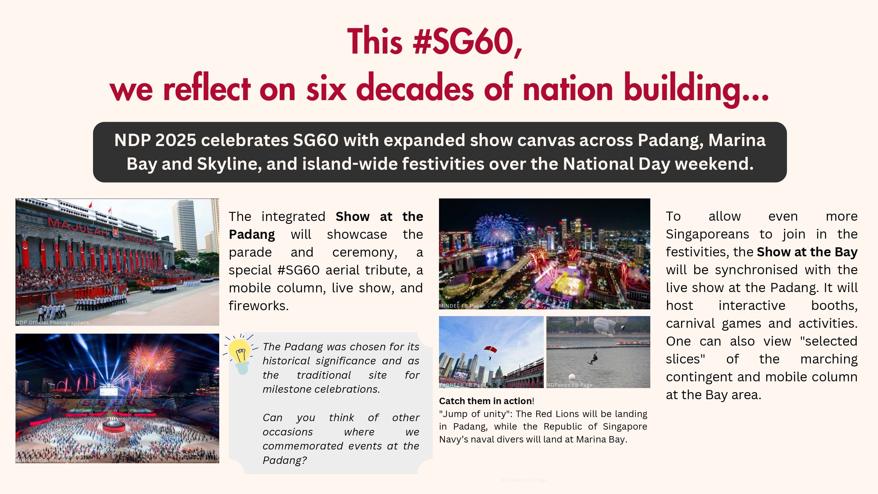 Celebrations at Padang, Marina Bay, and Skyline for the SG60 milestone.
